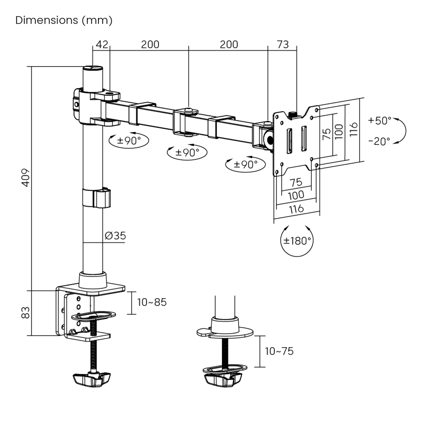 A diagram of a monitor arm, showing dimensions and angles. It is a technical drawing.