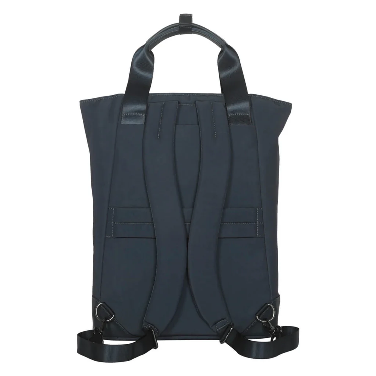 Dunkelblauer Rucksack mit zwei Schultergurten und Tragegriffen. Die Rückseite ist schlicht.