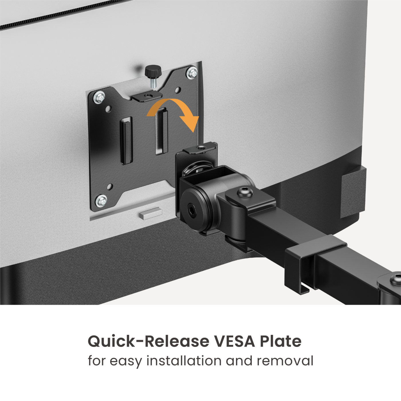 Close-up of a monitor mount. The arrow shows how to install. The text says, Quick-Release VESA Plate for easy install.