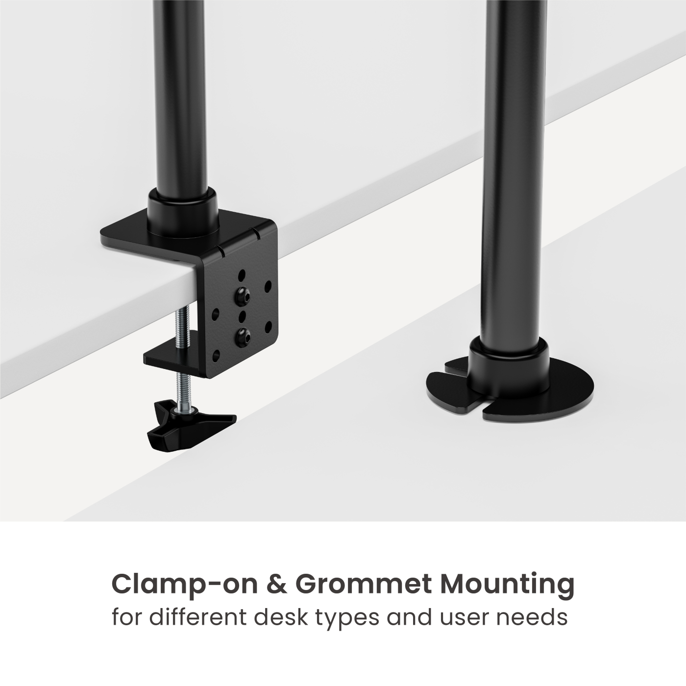 Close-up of a desk mount, showing clamp-on and grommet mounting options.