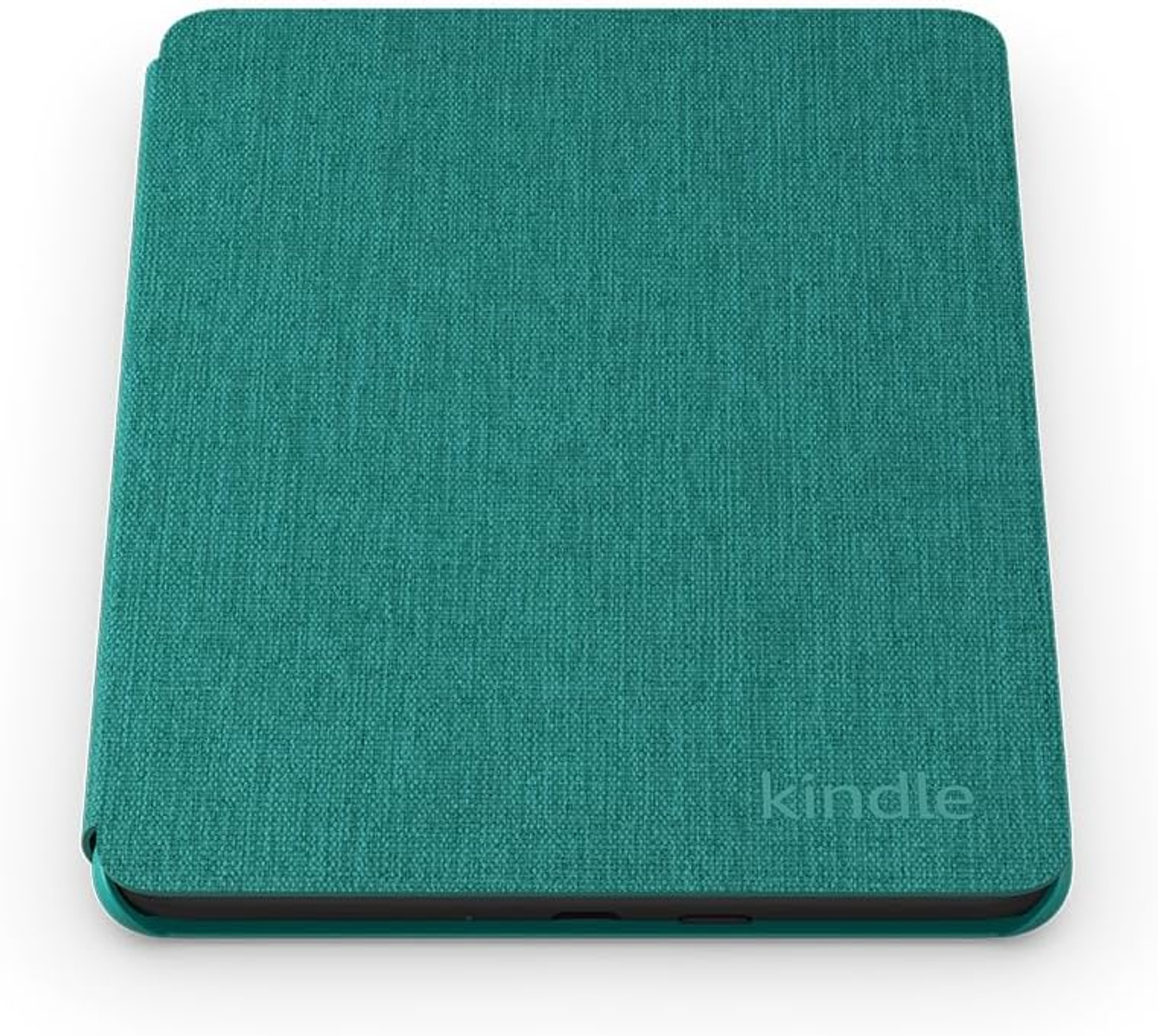 Turkuaz Kindle kılıfı. Kılıf kapalı. Altta Kindle yazıyor. Siyah zemin.