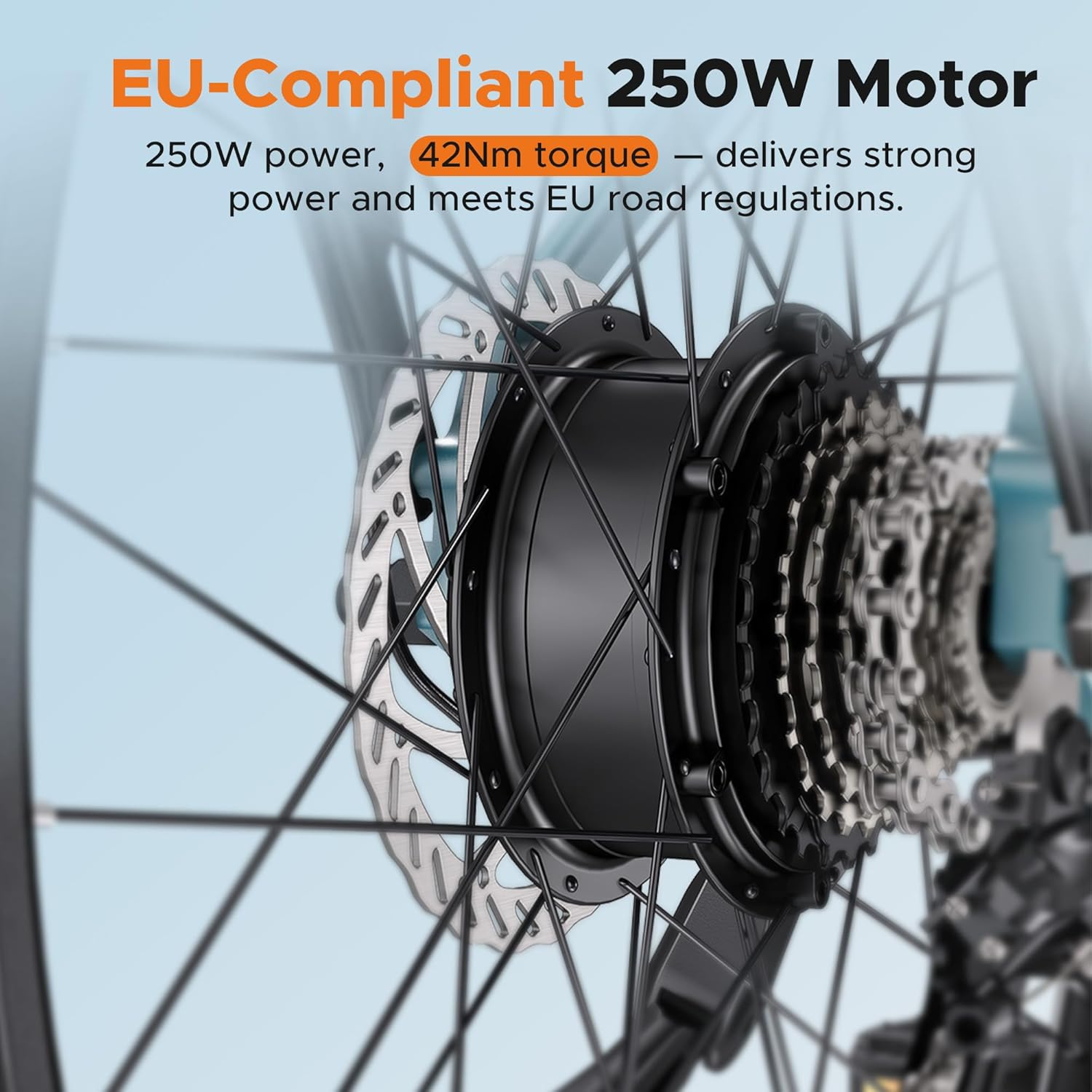 Ein E-Bike-Motor wird gezeigt. Text hebt einen 250-W-Motor mit 42 Nm Drehmoment hervor.