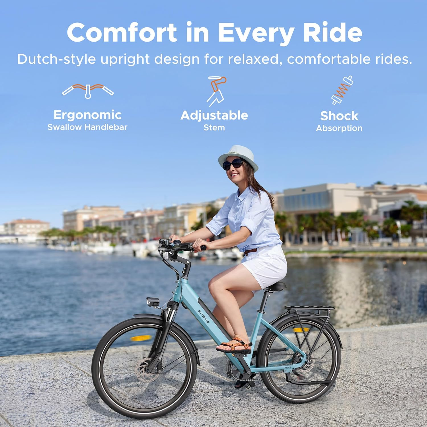 Eine Frau fährt E-Bike. Merkmale: ergonomischer Lenker, verstellbarer Vorbau und Stoßdämpfung.