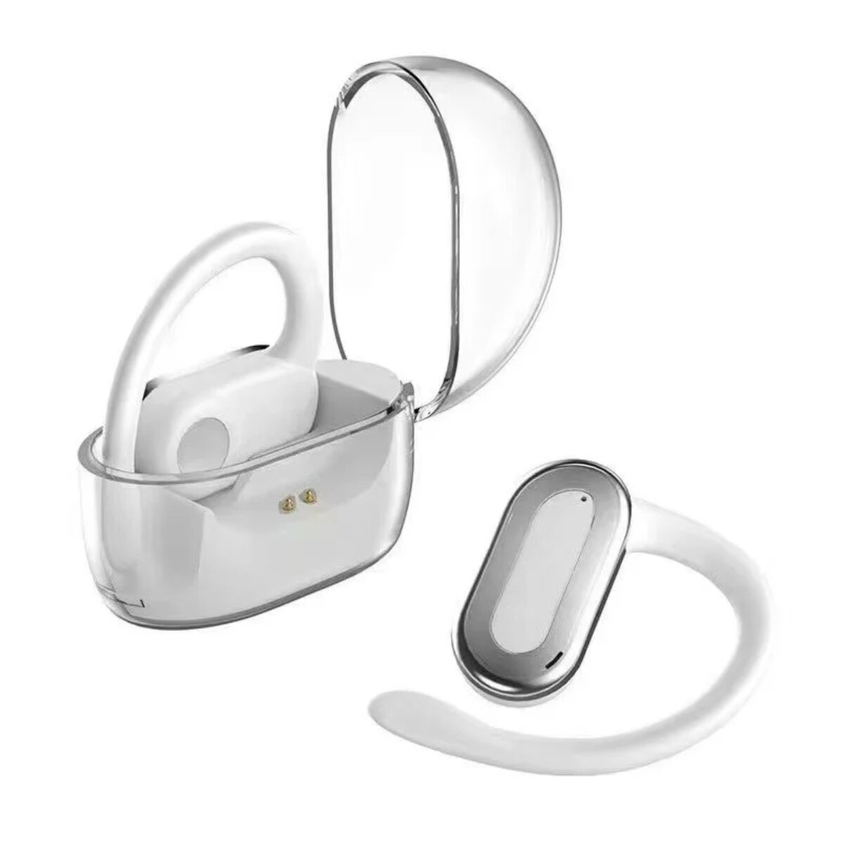 Cuffie bianche e argento in una custodia trasparente. Un auricolare separato.