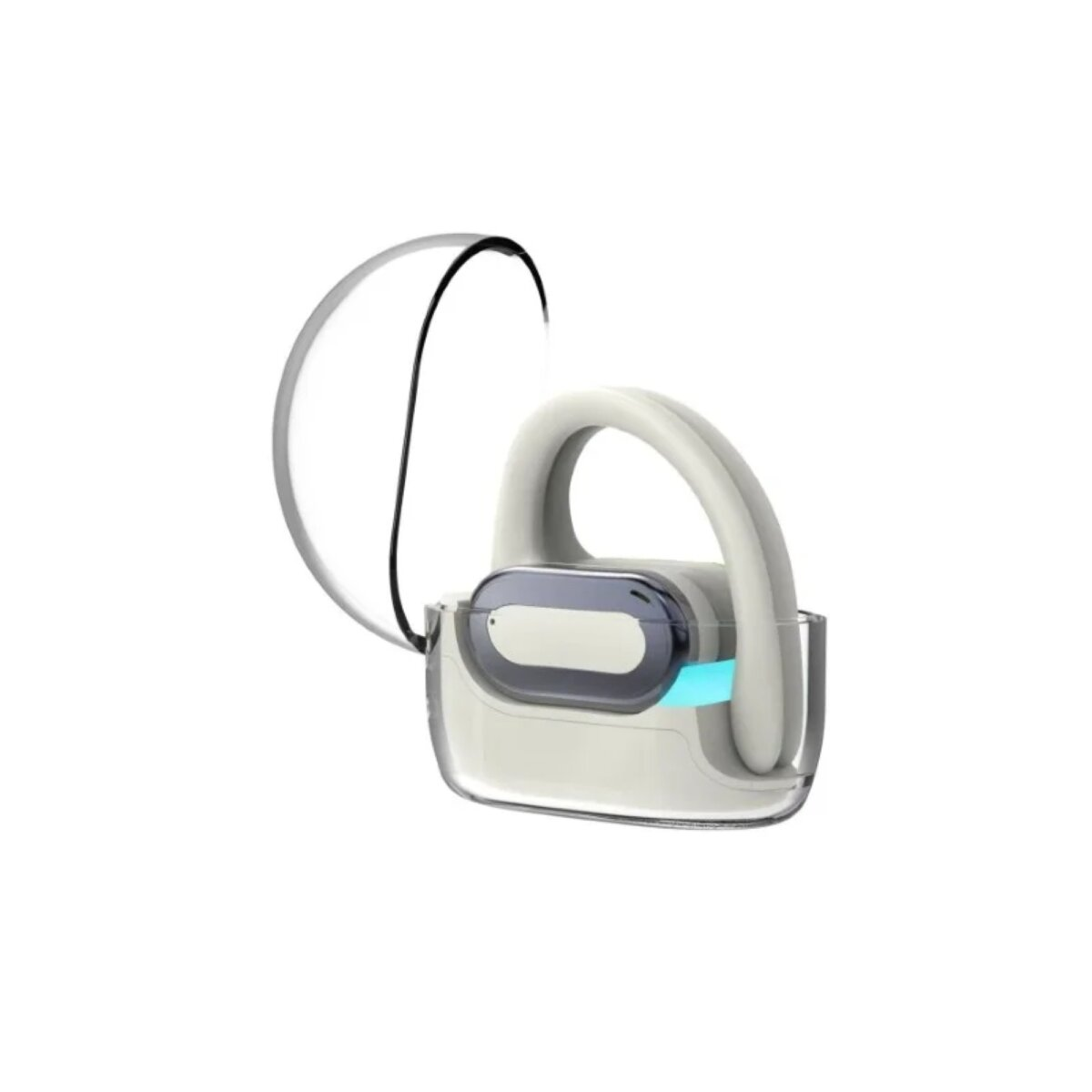 Un auricolare wireless bianco con custodia trasparente. La custodia è aperta, mostrando l'auricolare.