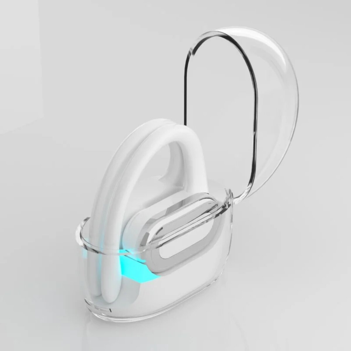 Un auricolare wireless bianco all'interno di una custodia trasparente. La custodia è aperta, con una luce blu.
