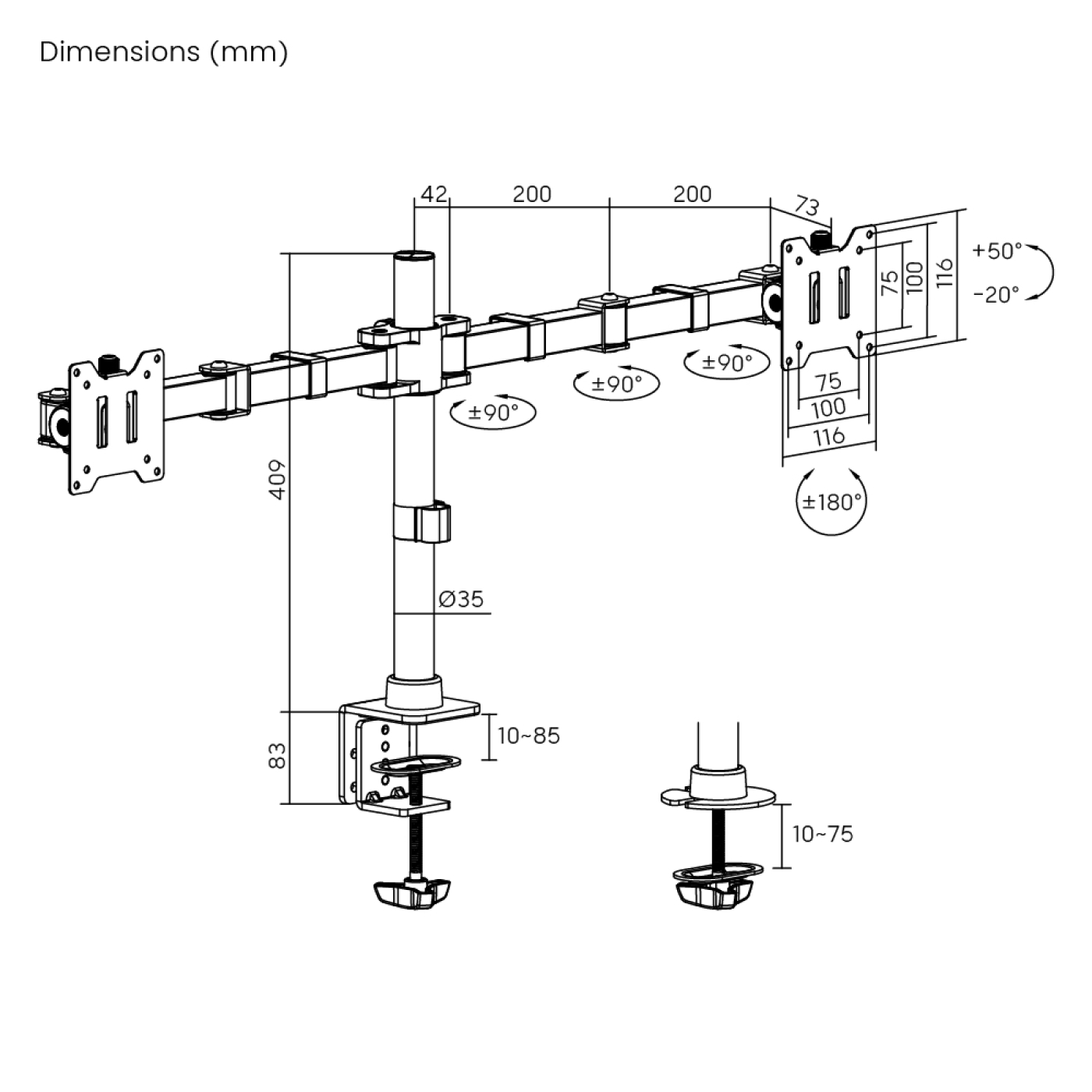 Technical drawing of a monitor arm, showing dimensions in mm. Includes details of adjustments and mounting.