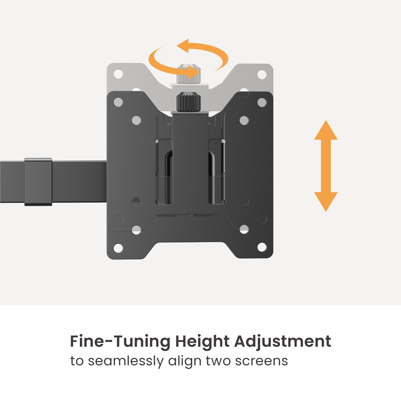 Black monitor stand with up/down and rotating arrows. Text 'Fine-Tuning Height Adjustment'.