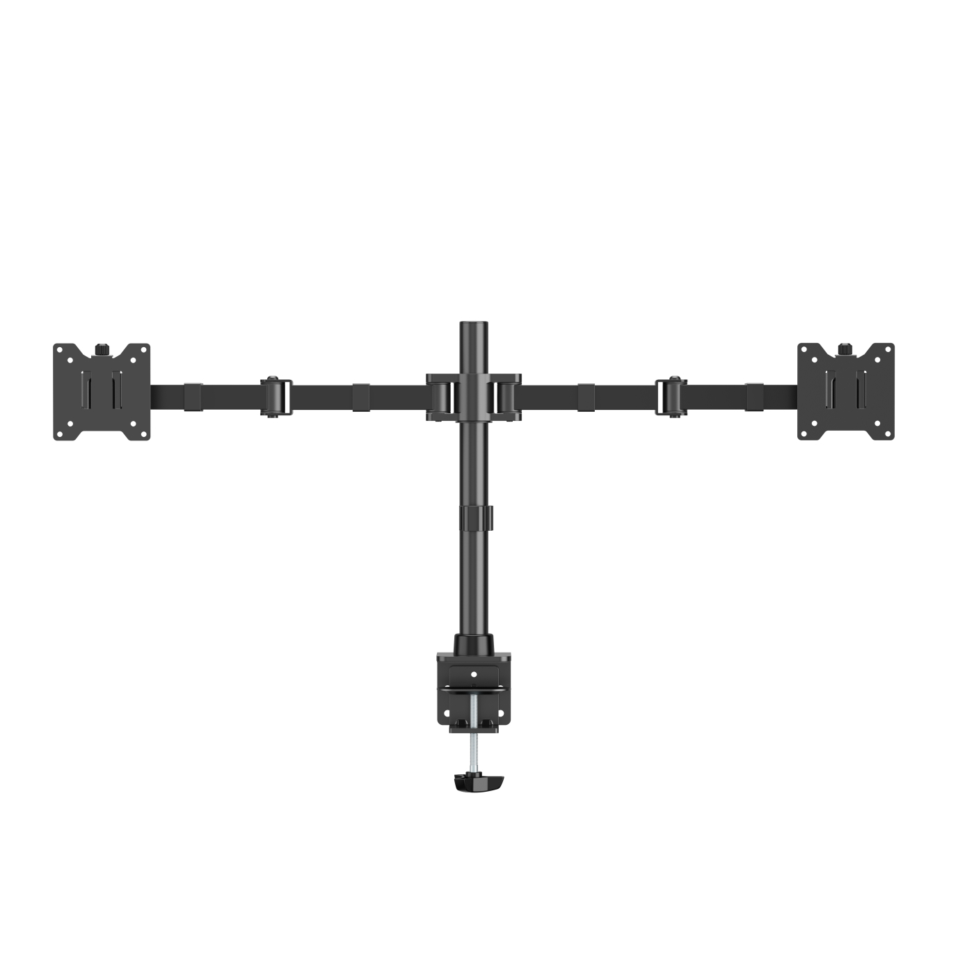 A dual monitor stand in black. It has a central pole and arms to hold the monitors.