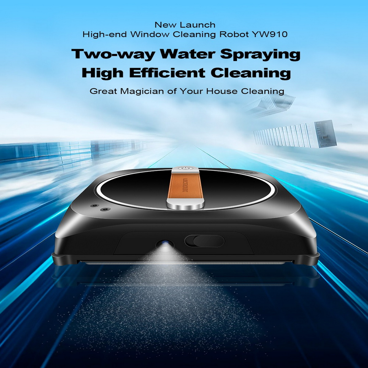 Czarny i niebieski robot do czyszczenia okien z tekstem o jego cechach i niebieskim tle.