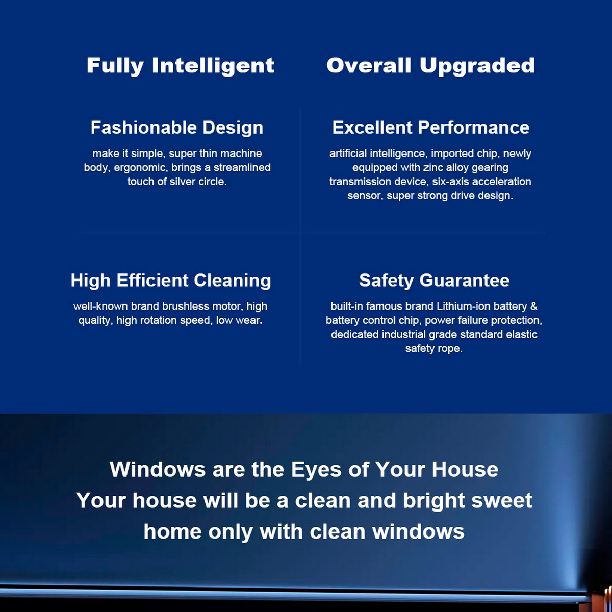 Niebieskie tło z tekstem o produkcie, w tym 'Modny design' i 'Doskonała wydajność'.