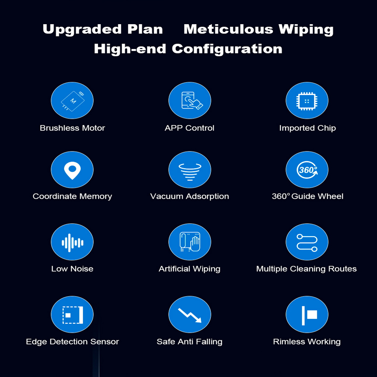 Ciemnoniebieska grafika z ikonami, szczegółowo opisująca funkcje takie jak 'Silnik bezszczotkowy', 'Sterowanie APP' i 'Wiele tras czyszczenia'.
