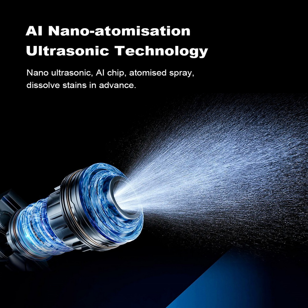 Nahaufnahme eines Geräts mit einem blauen Licht, das Dampf abgibt. Text: 'AI Nano-Atomisierung'.