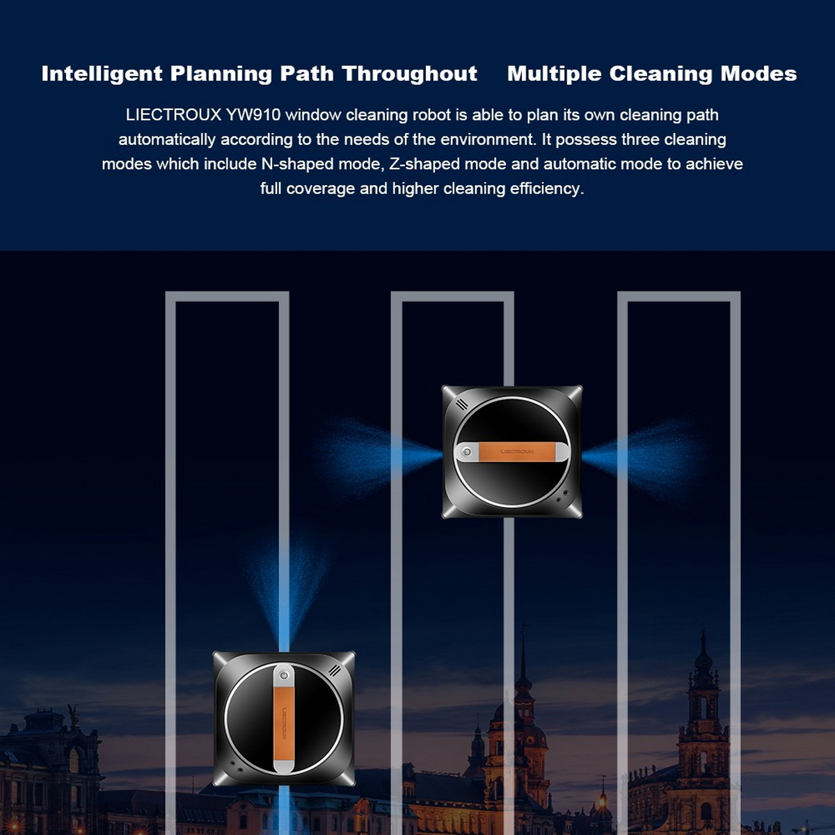 Dwa roboty sprzątające. Tekst brzmi 'Inteligentna ścieżka planowania'. Tło krajobrazu miejskiego.
