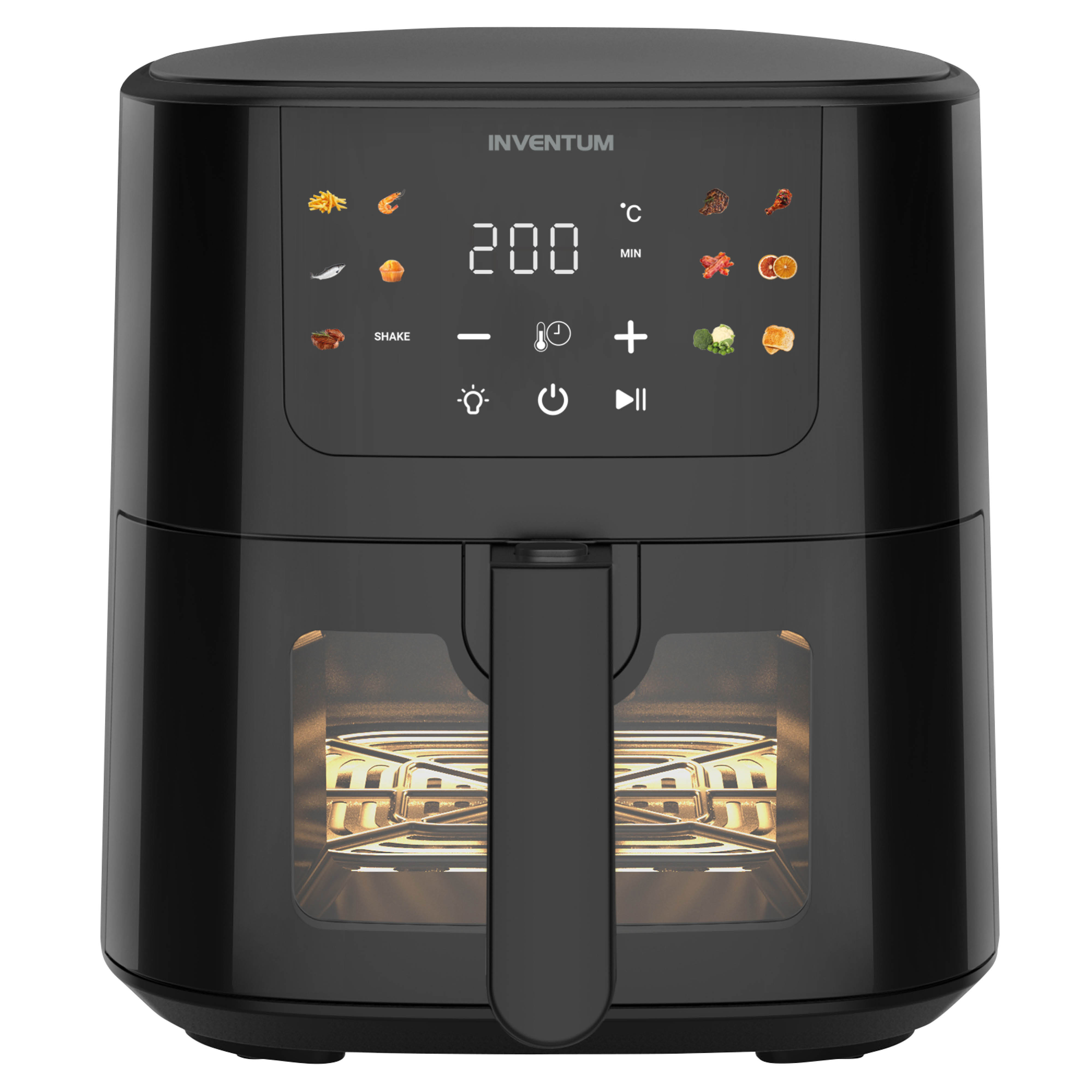Black air fryer with a digital display showing 200 degrees. It has a handle and a window.