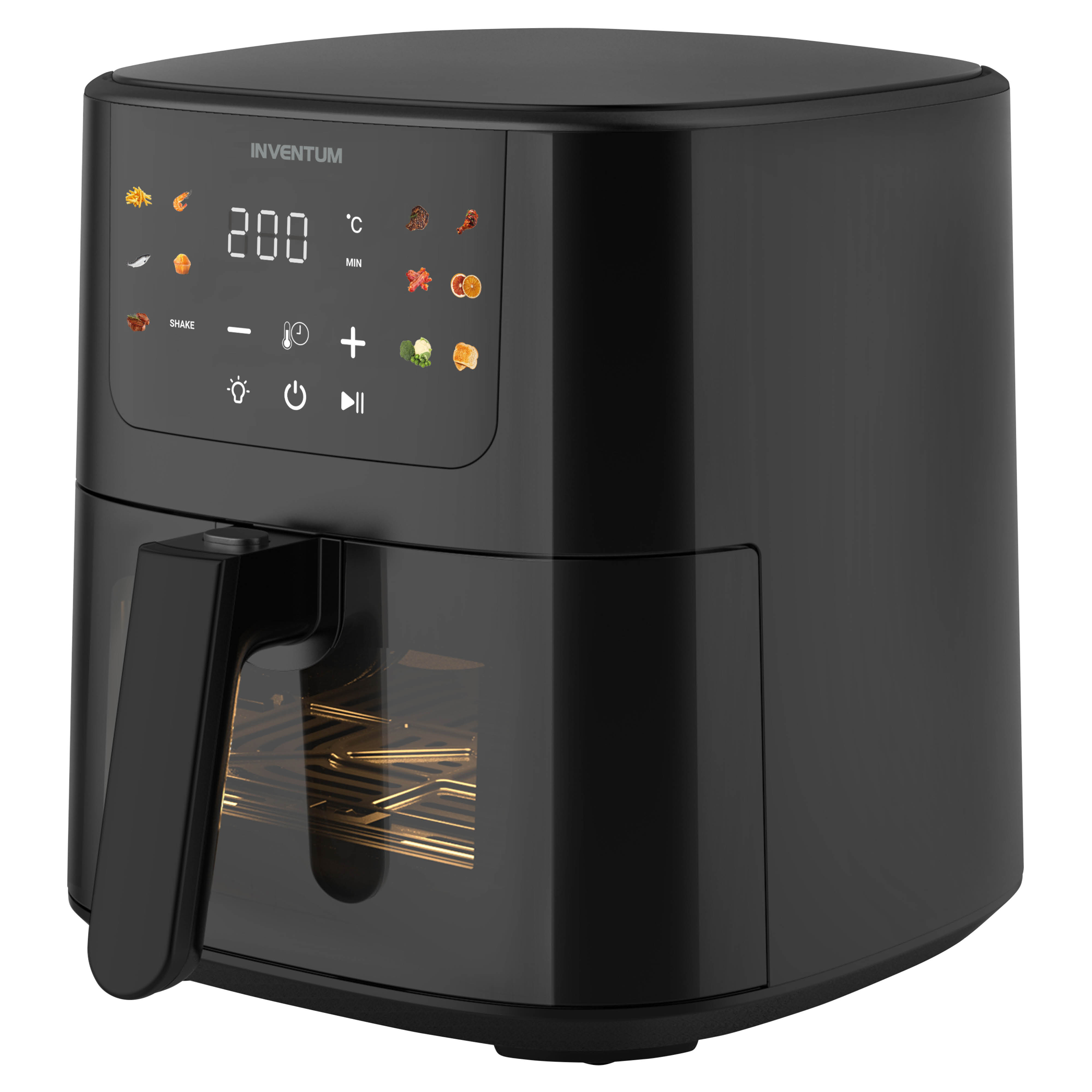 A black air fryer with a digital screen and a handle. The screen shows settings and there is a window.