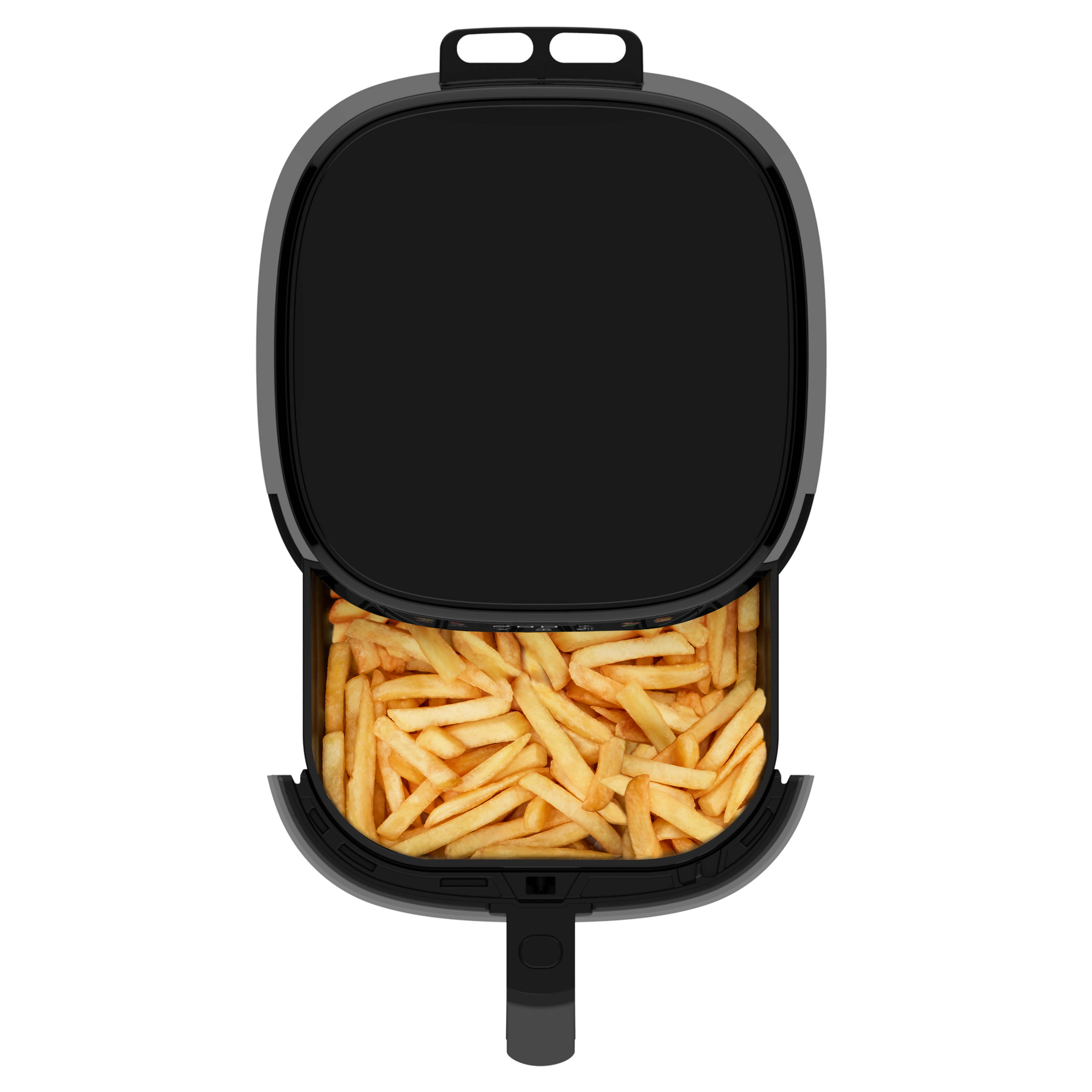 Air fryer basket filled with french fries, viewed from above. Black frame.