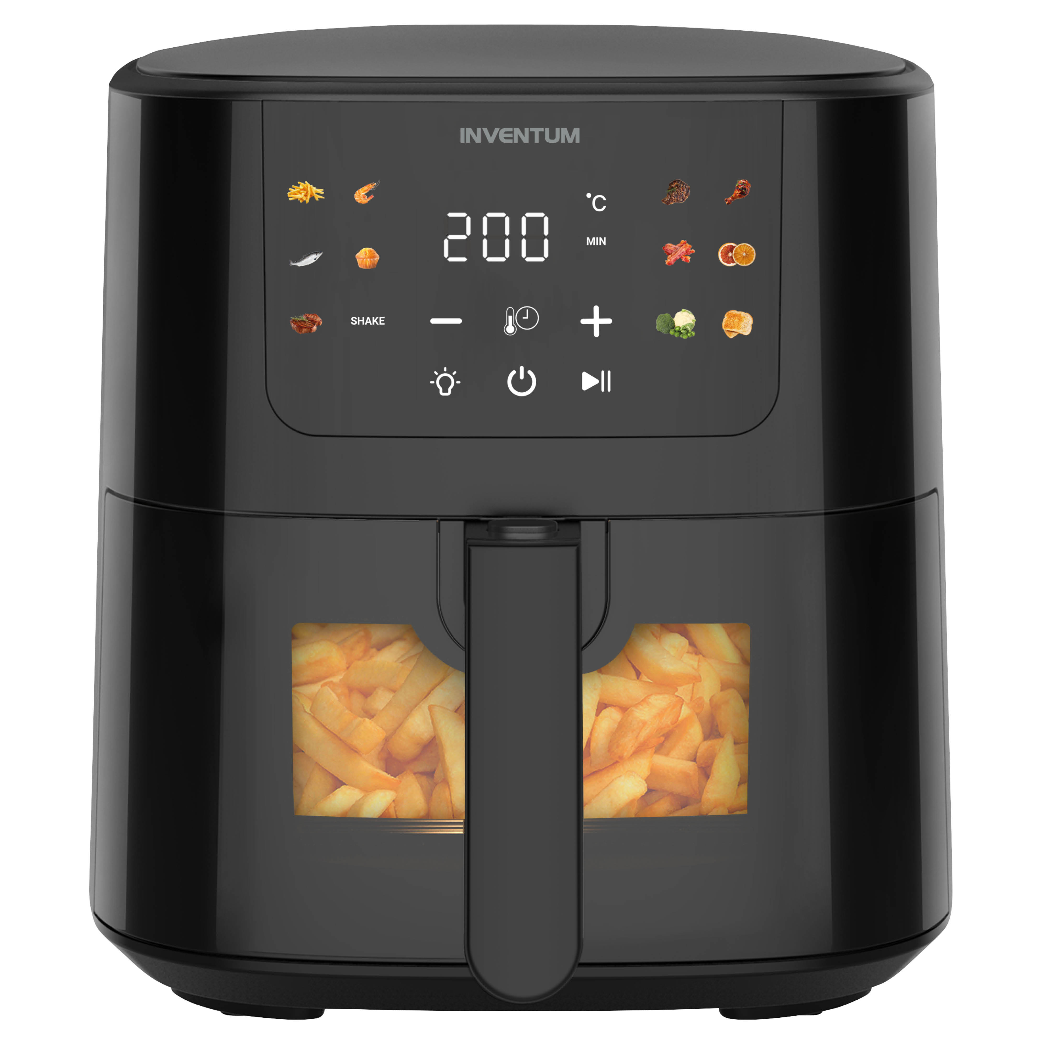 A black air fryer with a digital screen displaying settings and a window showing fries inside.