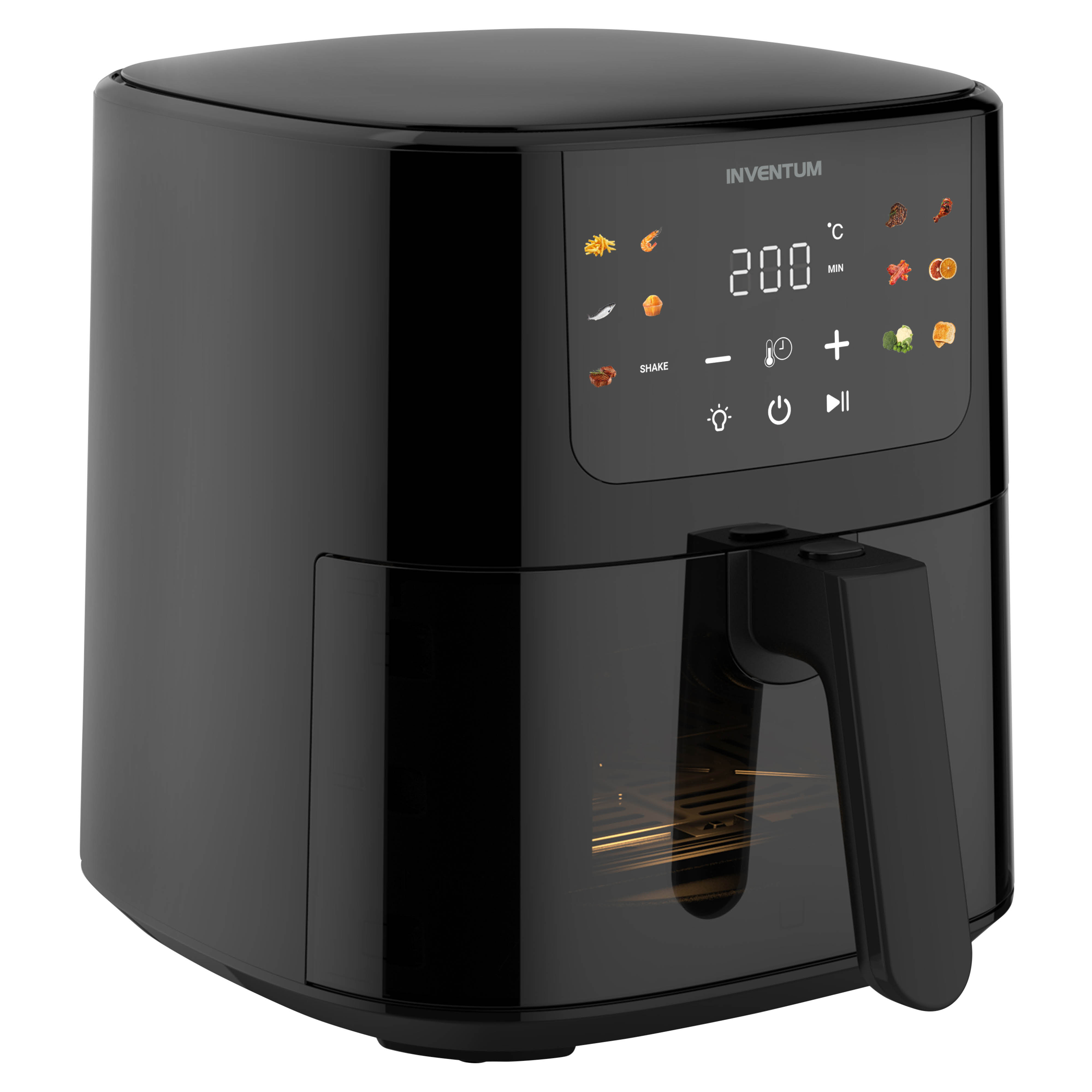 A black air fryer with a digital display showing 200 degrees. There is a handle on the front.