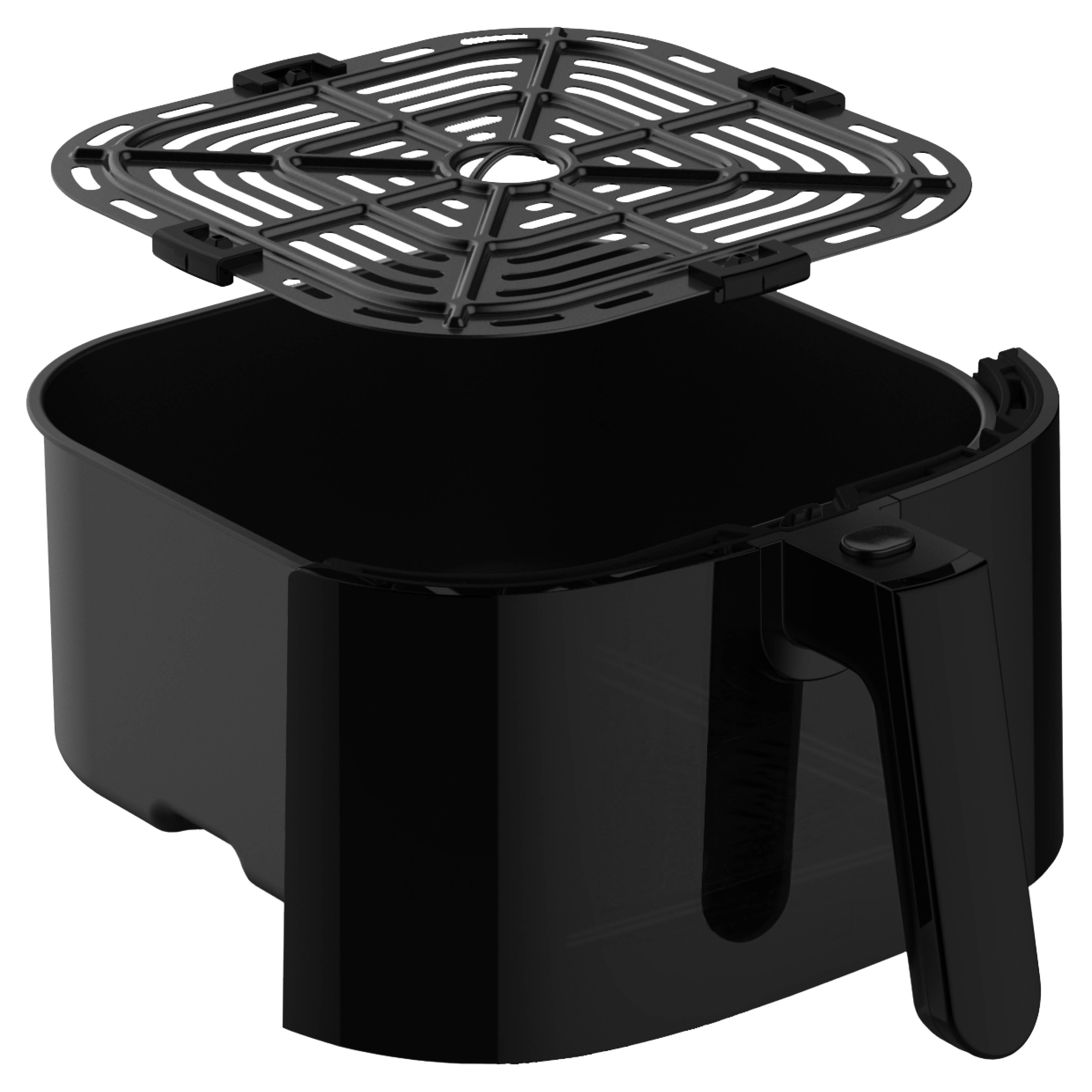 Black air fryer with removable basket and top grill.
