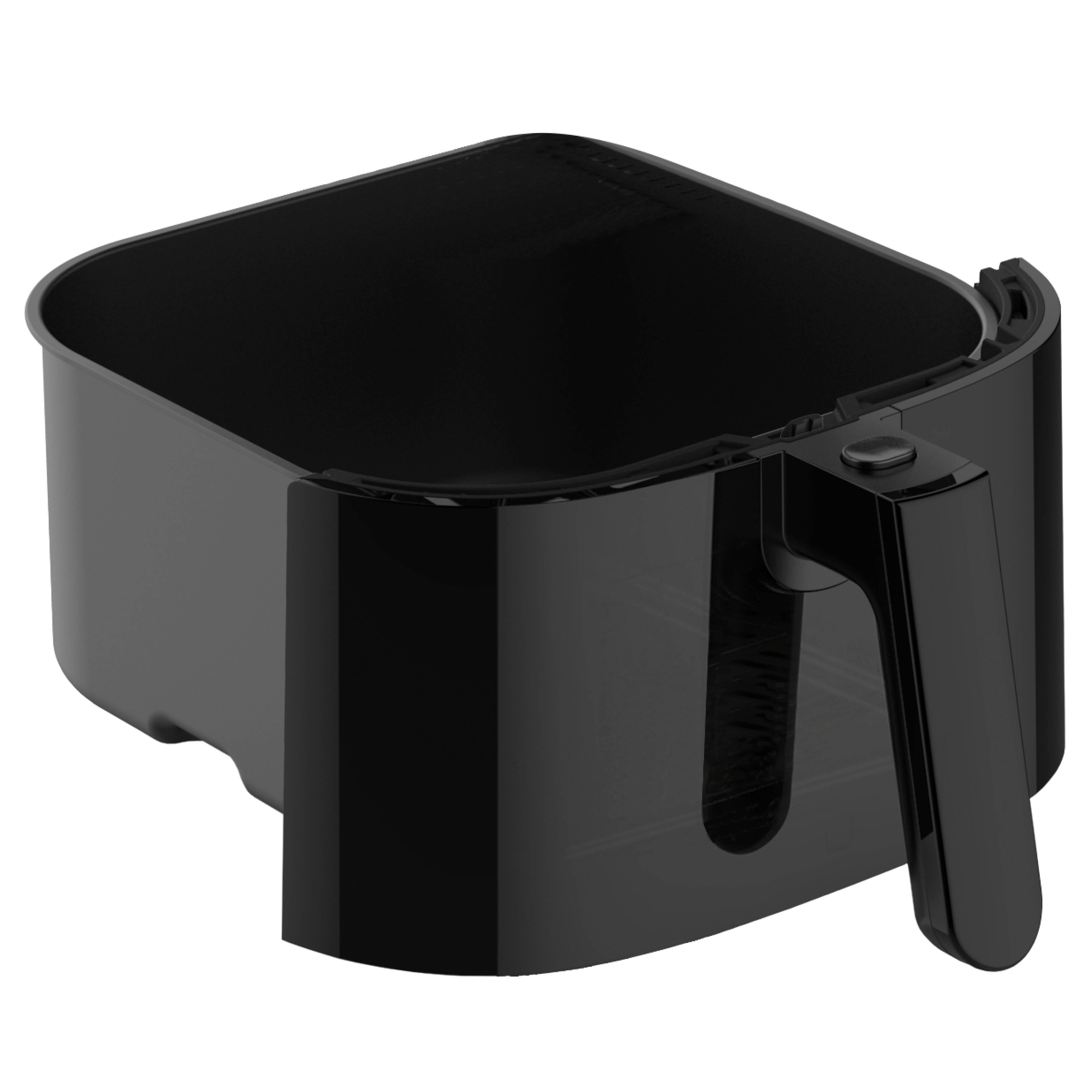 A black air fryer basket with a handle. It has a rounded top and a squared-off base.