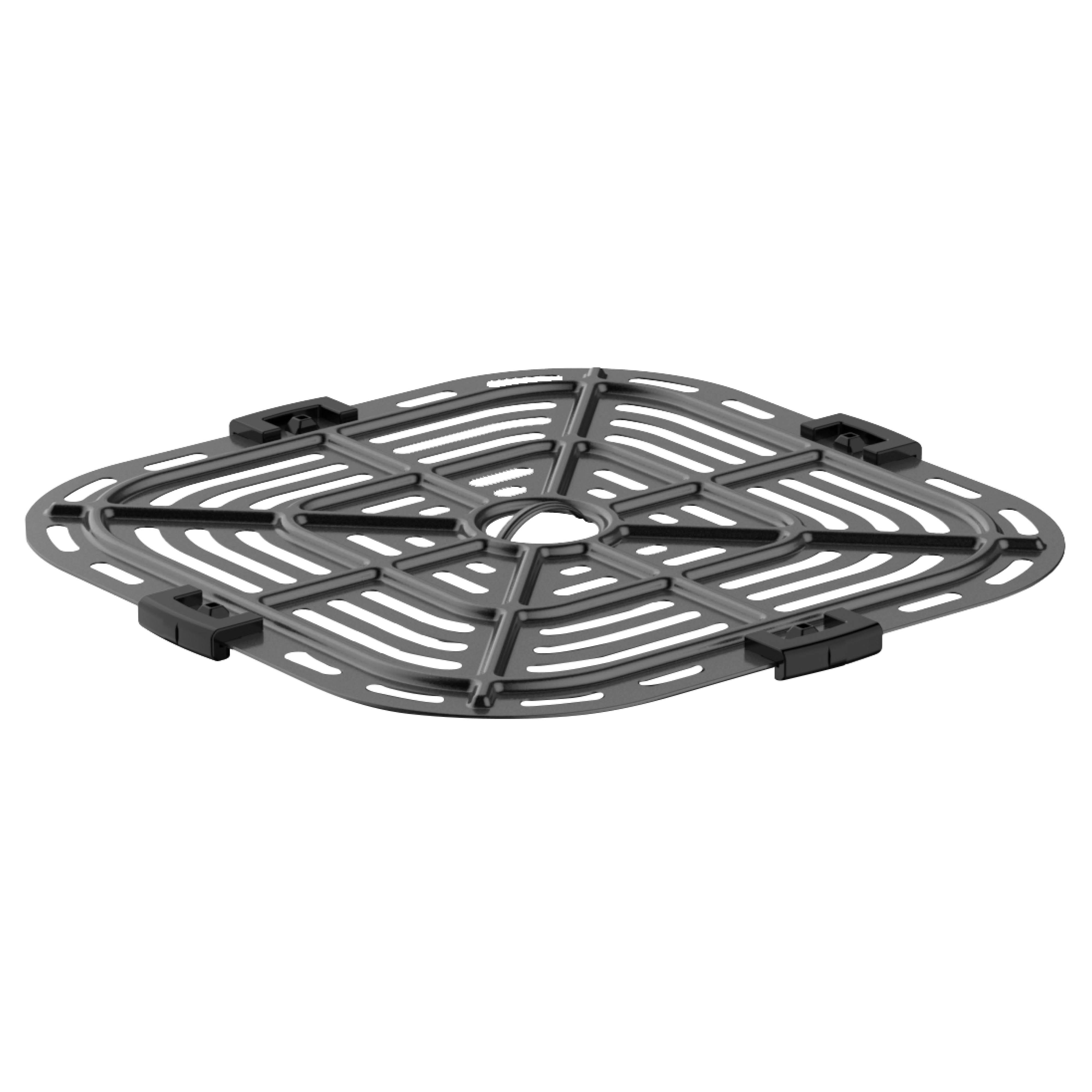 Gray metal air fryer grill with a square shape and a grid pattern.
