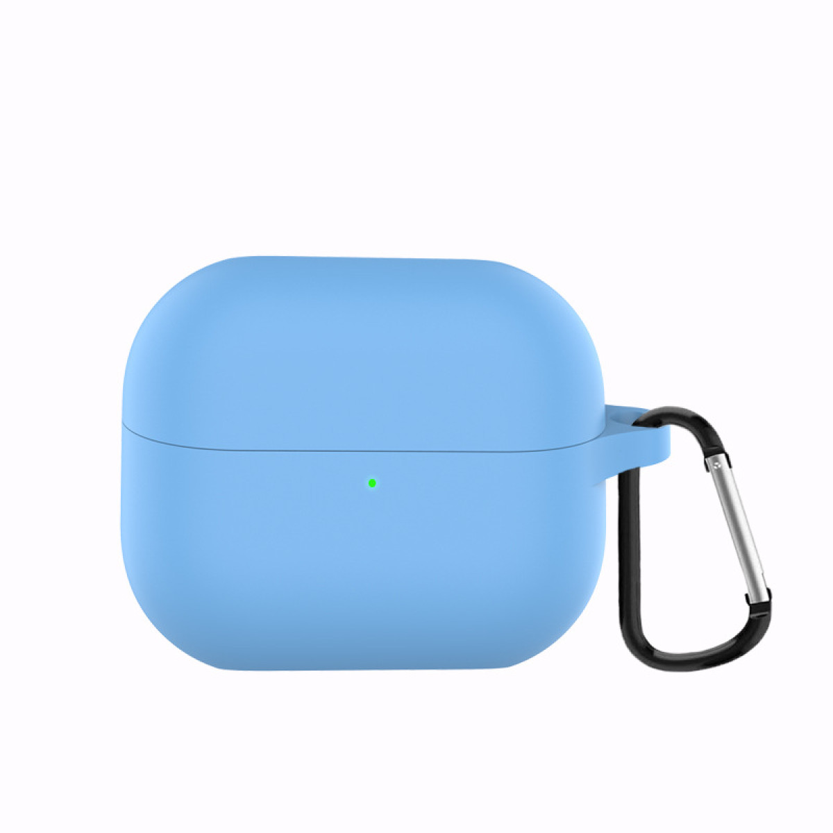 Ein hellblaues AirPods-Case mit einem schwarzen Karabinerhaken. Das Case ist geschlossen und glatt.