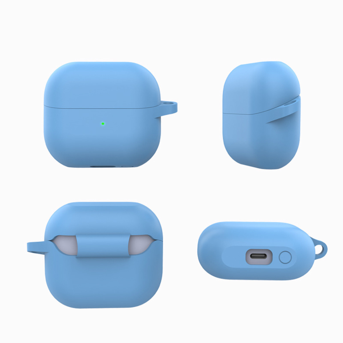 Vier Ansichten eines hellblauen AirPods-Etuis.