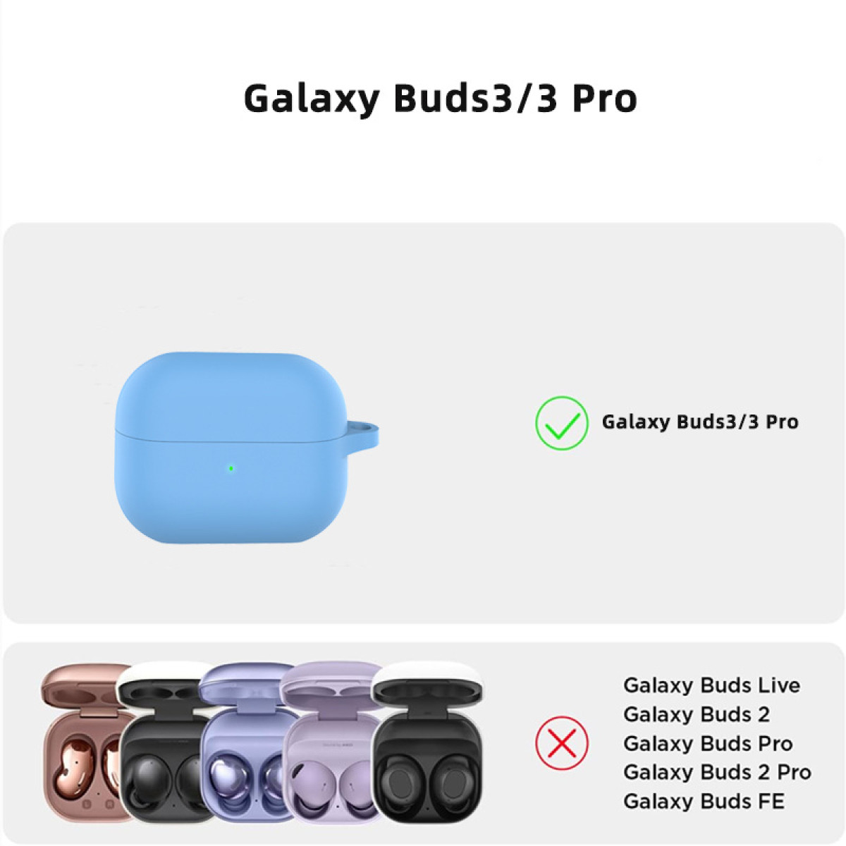 Das Bild zeigt ein hellblaues Etui für Galaxy Buds 3/3 Pro mit Häkchen und andere Ohrhörer.