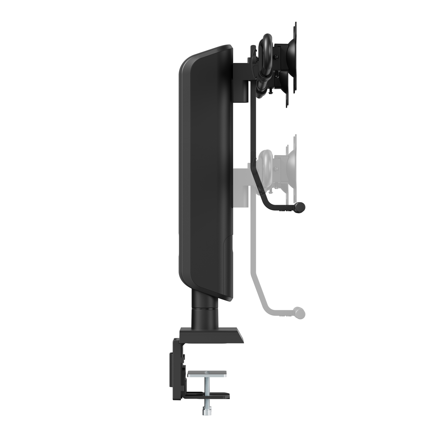 A side view of a black dual monitor arm. It is mounted on a desk and has a handle.