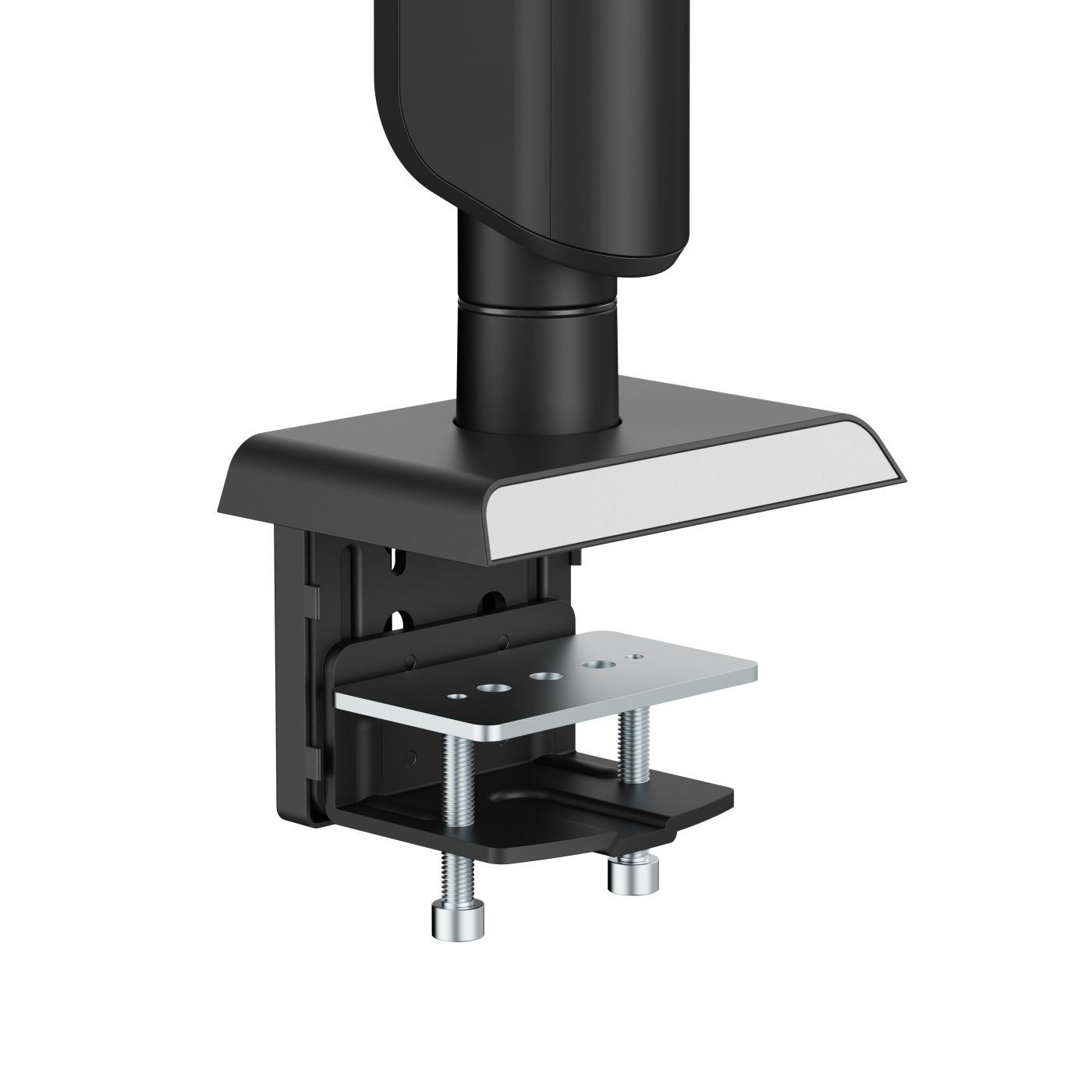 A black and silver monitor arm with a mounting bracket, and base clamp.