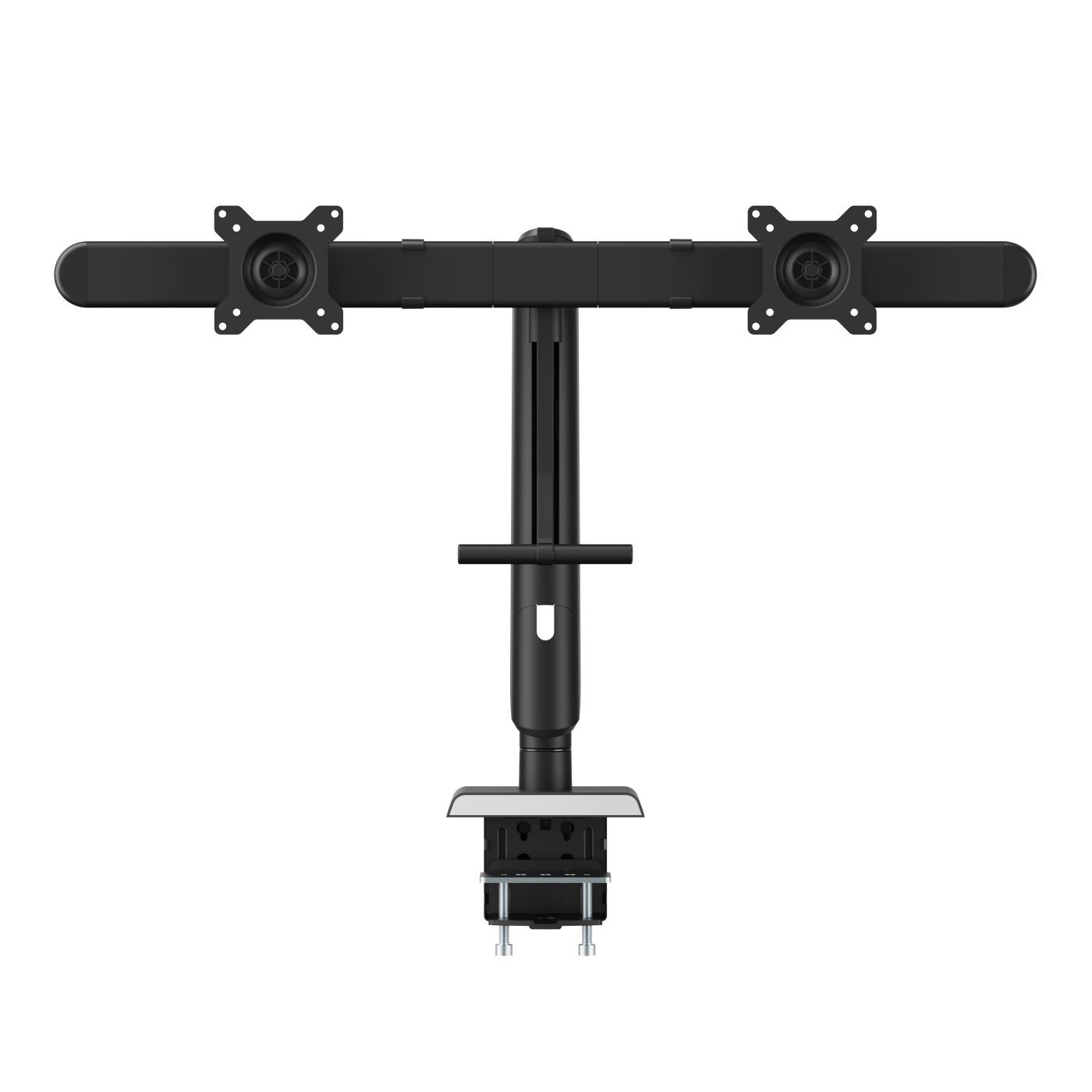 A black dual monitor arm mounted on a desk. It has two arms with monitor mounts.