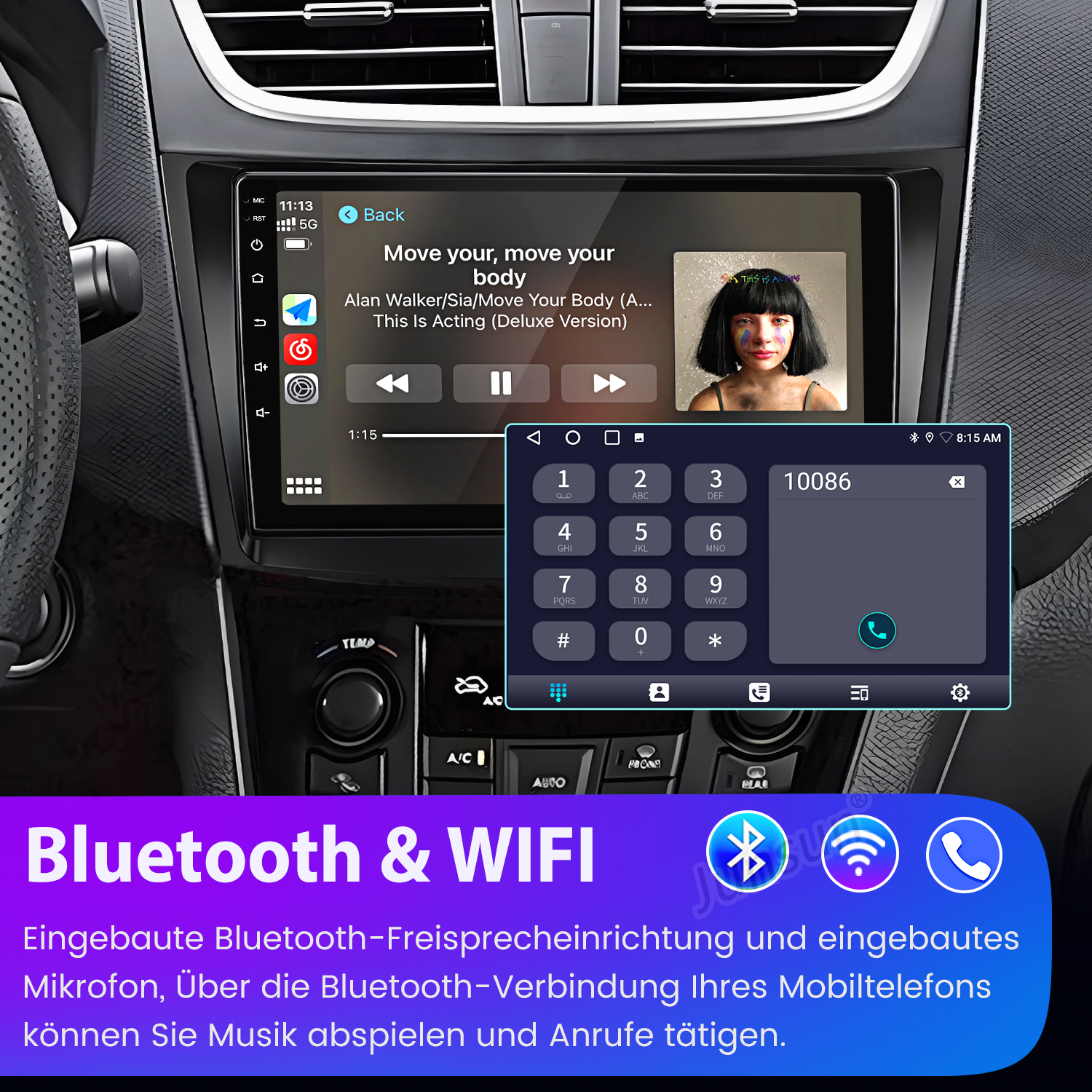 Auto-Infotainment-Bildschirm mit Musik-App und Telefonwähl-Oberfläche.
