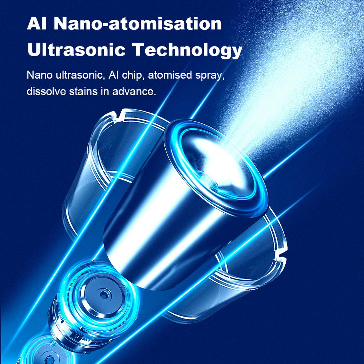 Zbliżenie urządzenia do nano-atomizacji emitującego niebieskie światło. Tekst opisuje 'Technologię ultradźwiękową nano-atomizacji AI'.