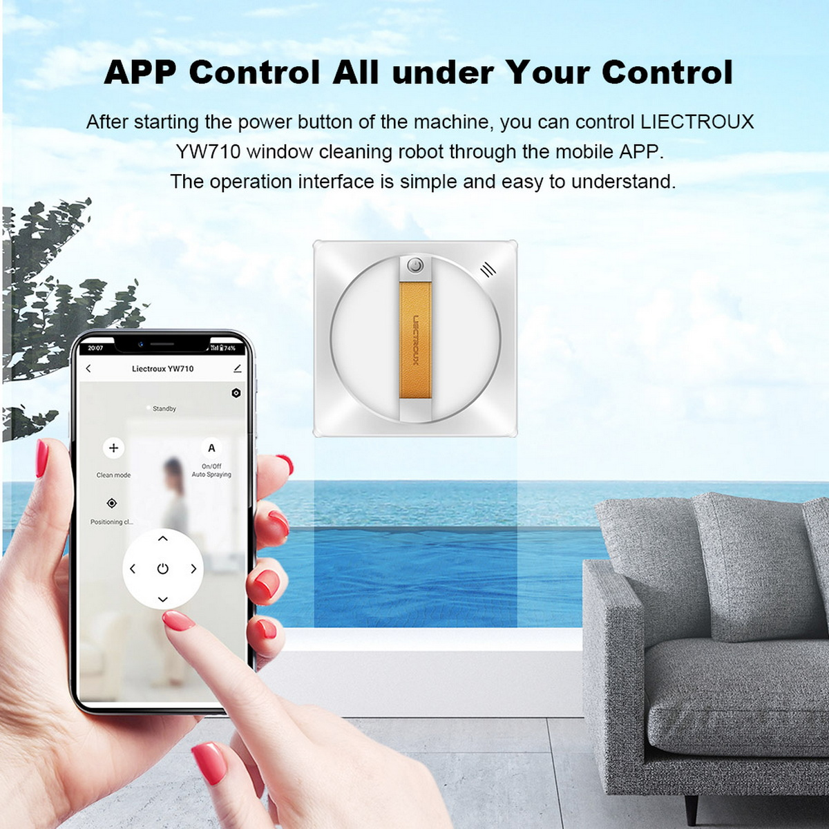 Osoba używająca telefonu do sterowania robotem do mycia okien. Widoczny robot i basen.