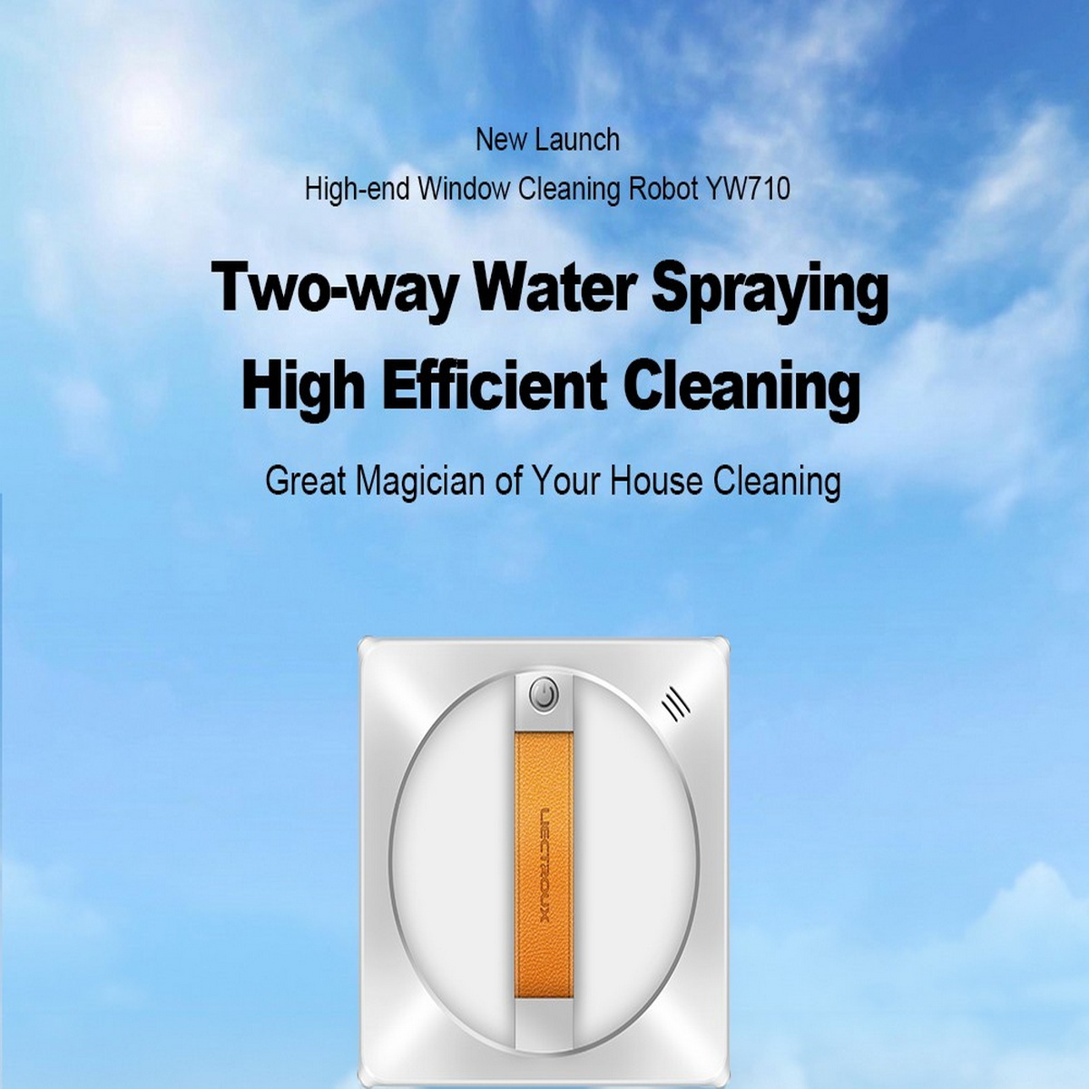 Ein Fensterputzer mit Text. Es wirbt mit einem Zwei-Wege-Wasserspray und effizienter Reinigung.