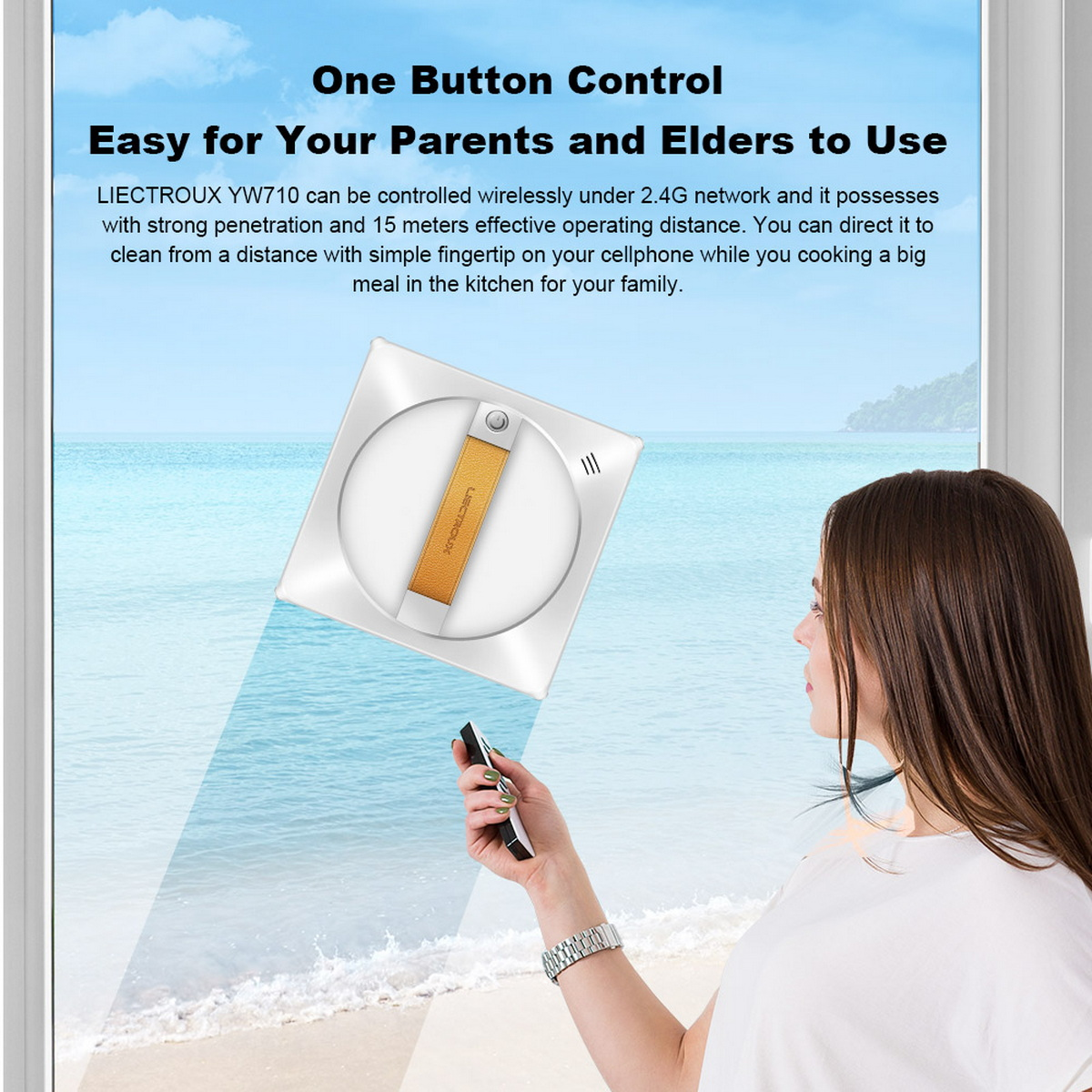 Kobieta kontrolująca robota do mycia okien. Robot myje okno, a za oknem widok na plażę.