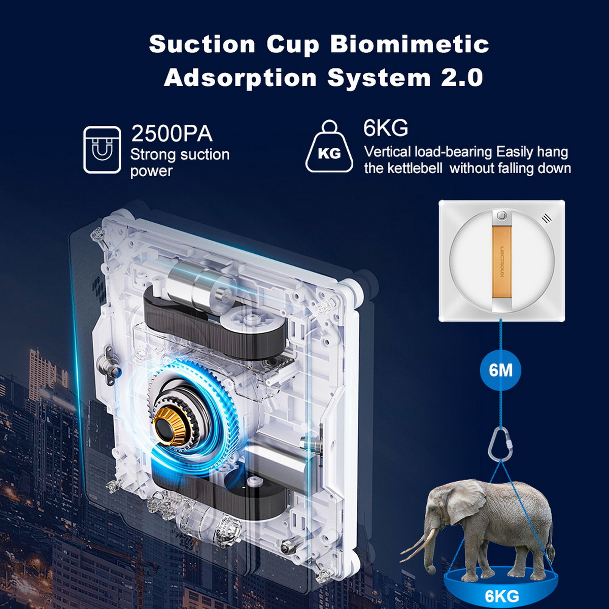 Widok rozstrzelony robota do mycia okien. Pokazuje elementy wewnętrzne i system ssący.