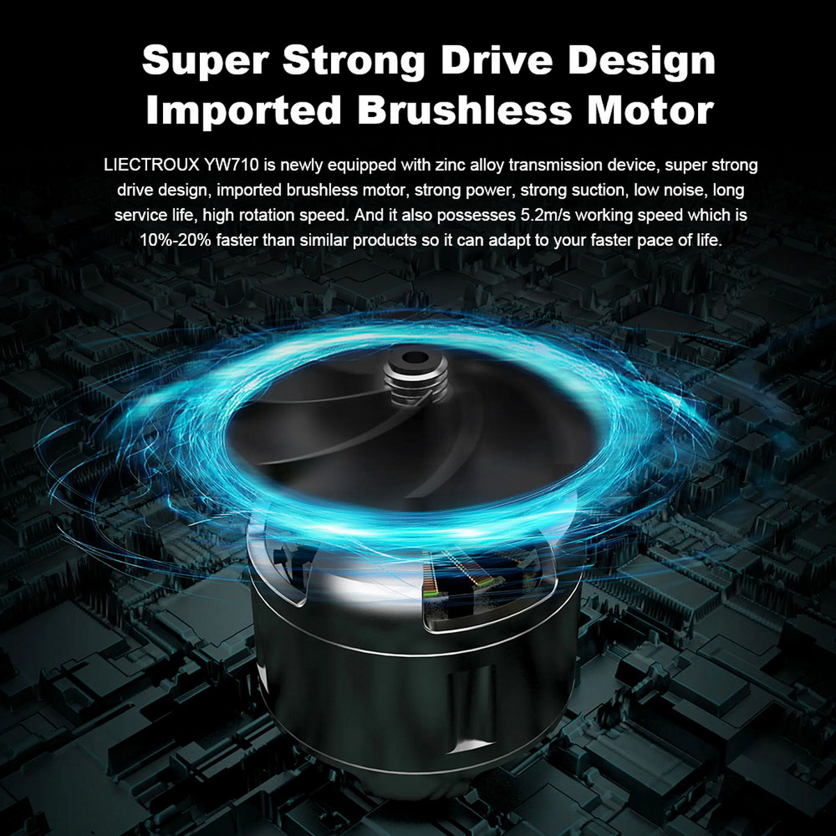 Zbliżenie metalowego silnika robota do mycia okien z efektem niebieskiego światła. Silnik ma konstrukcję przypominającą wentylator.