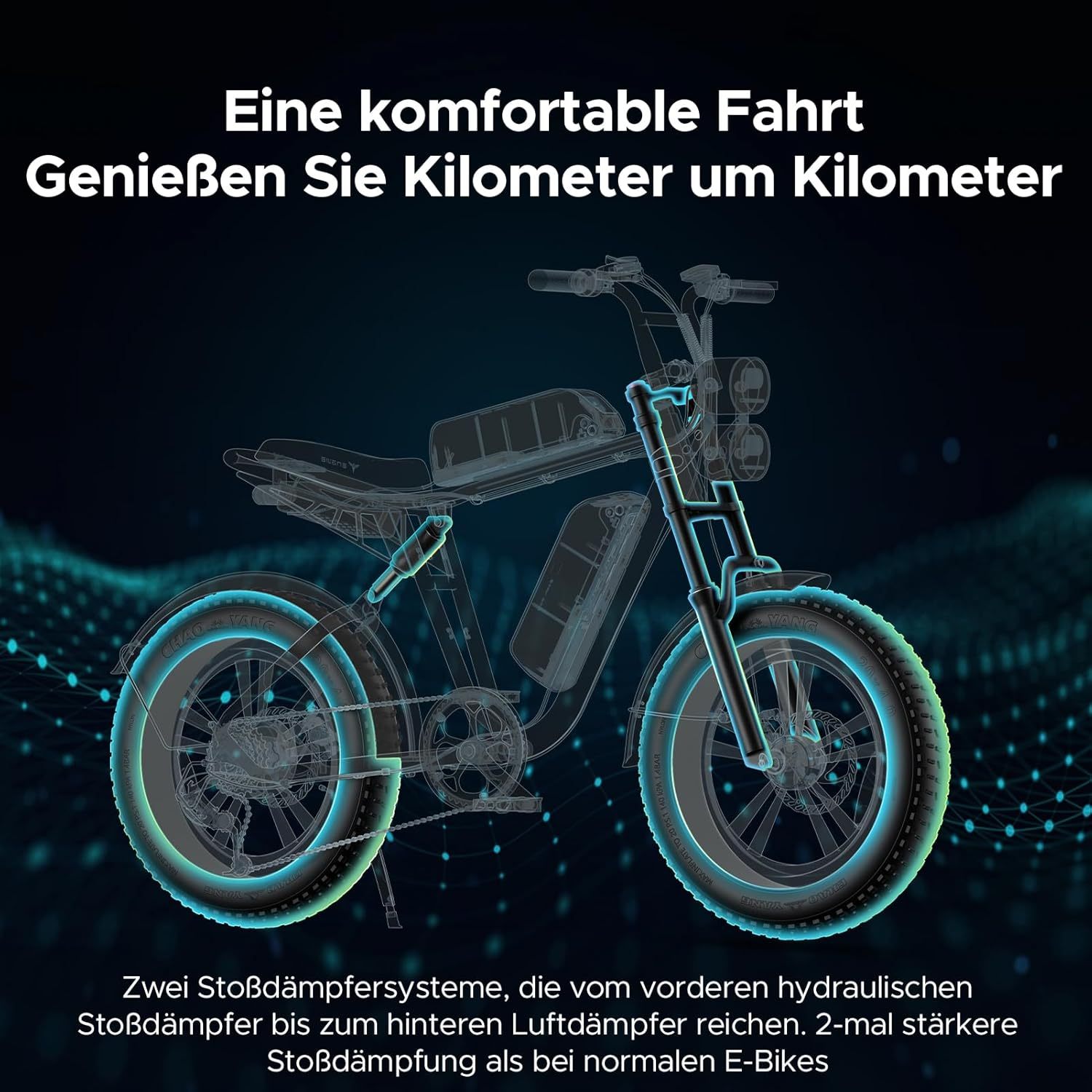 Un'immagine di una moto con illuminazione verde, con testo in tedesco su una guida confortevole.