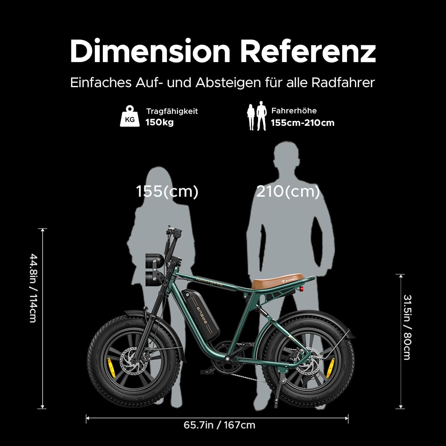 Diagramma di una bici elettrica verde, con dimensioni e figure di persone. Testo in tedesco.