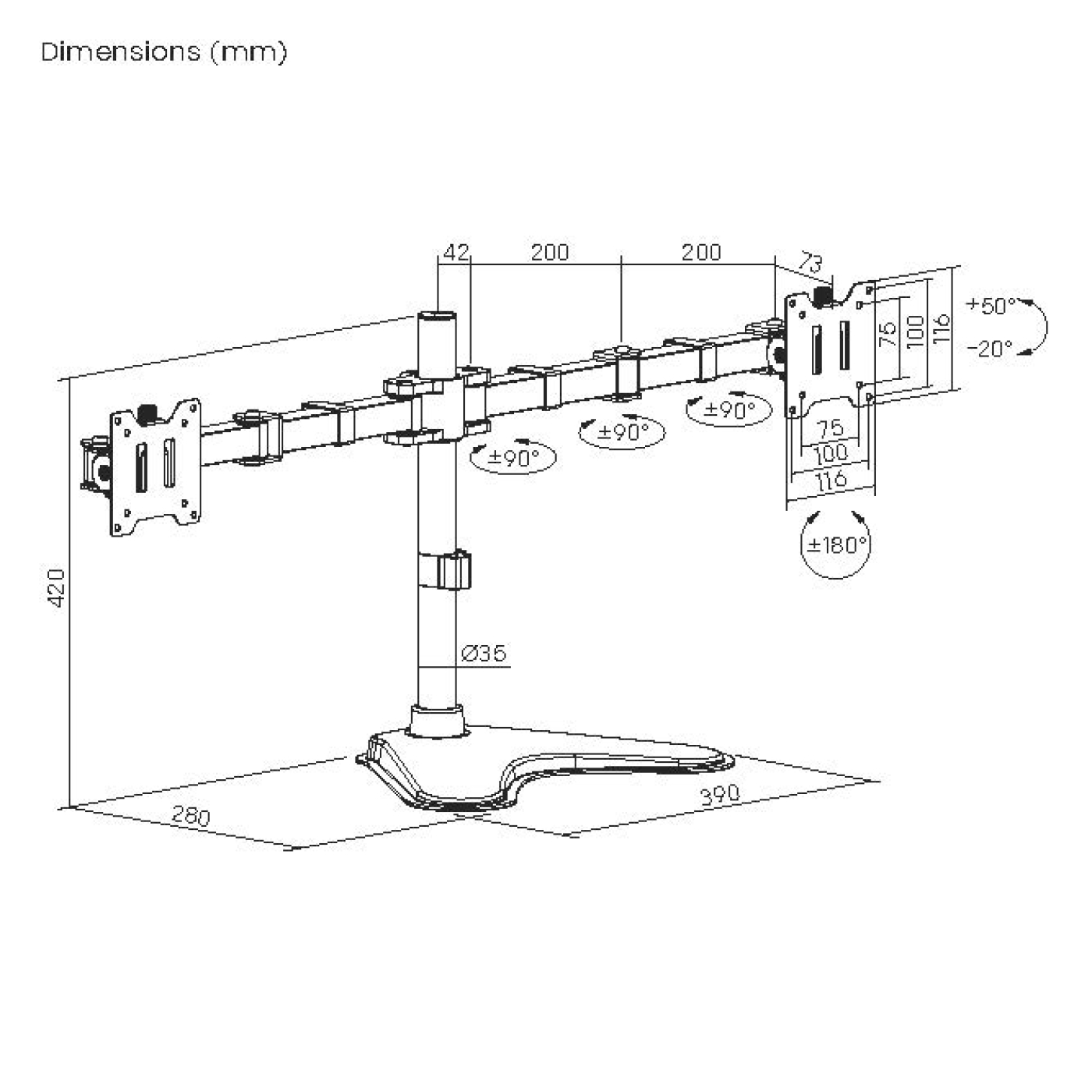 Technical drawing of a monitor arm stand with measurements and angles indicated.