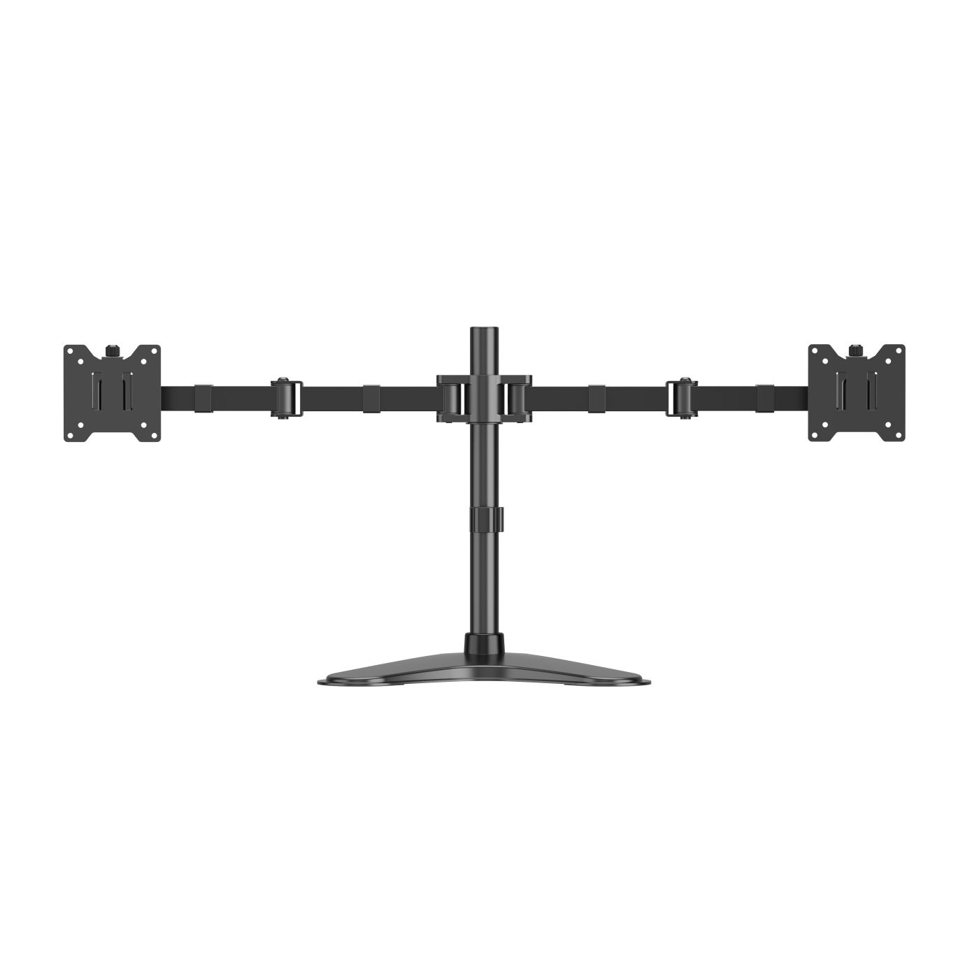 A black monitor stand with arms extending left and right. The base and central column are also black.