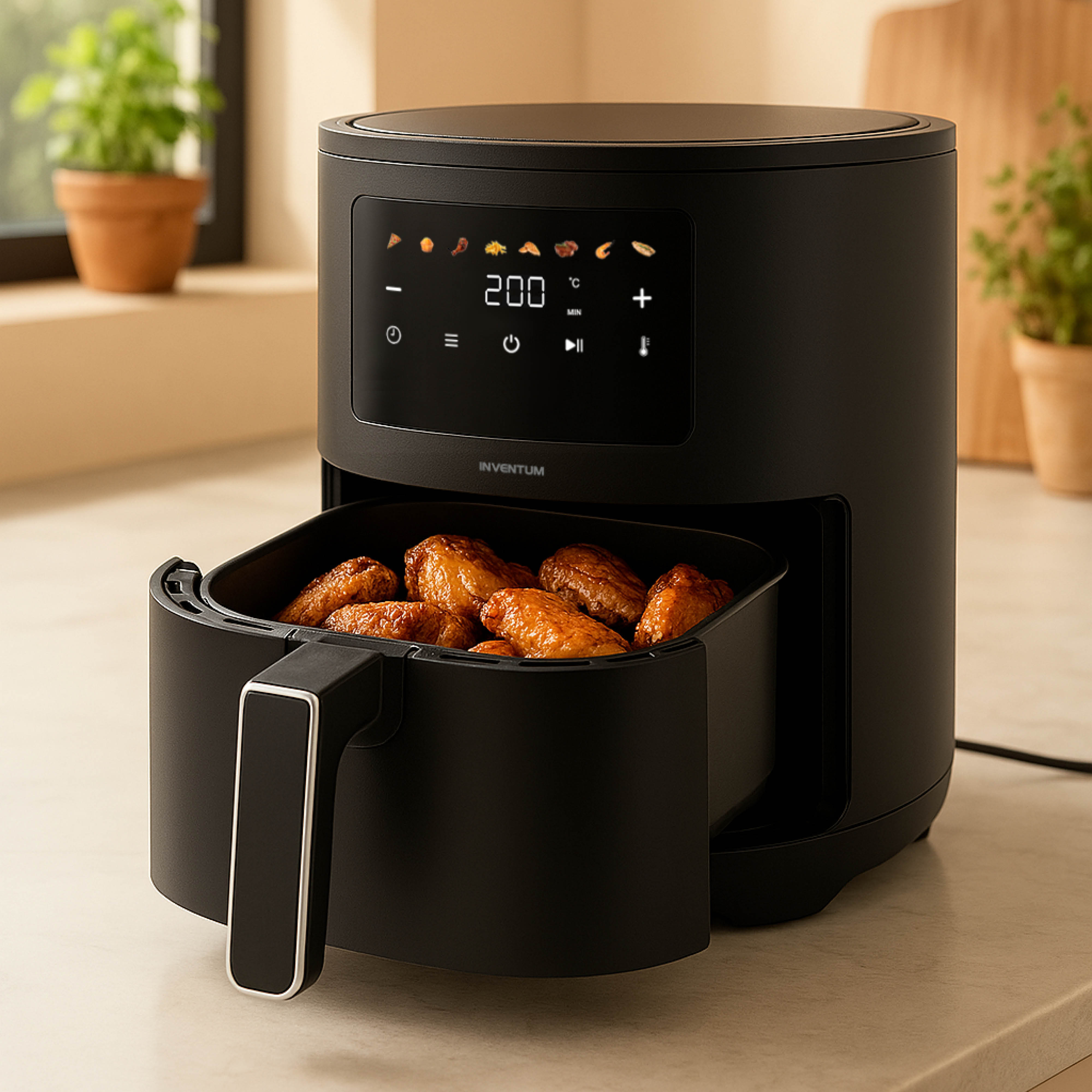 Zwarte airfryer met gebakken kippenvleugels in de mand. Het apparaat staat op een aanrecht.