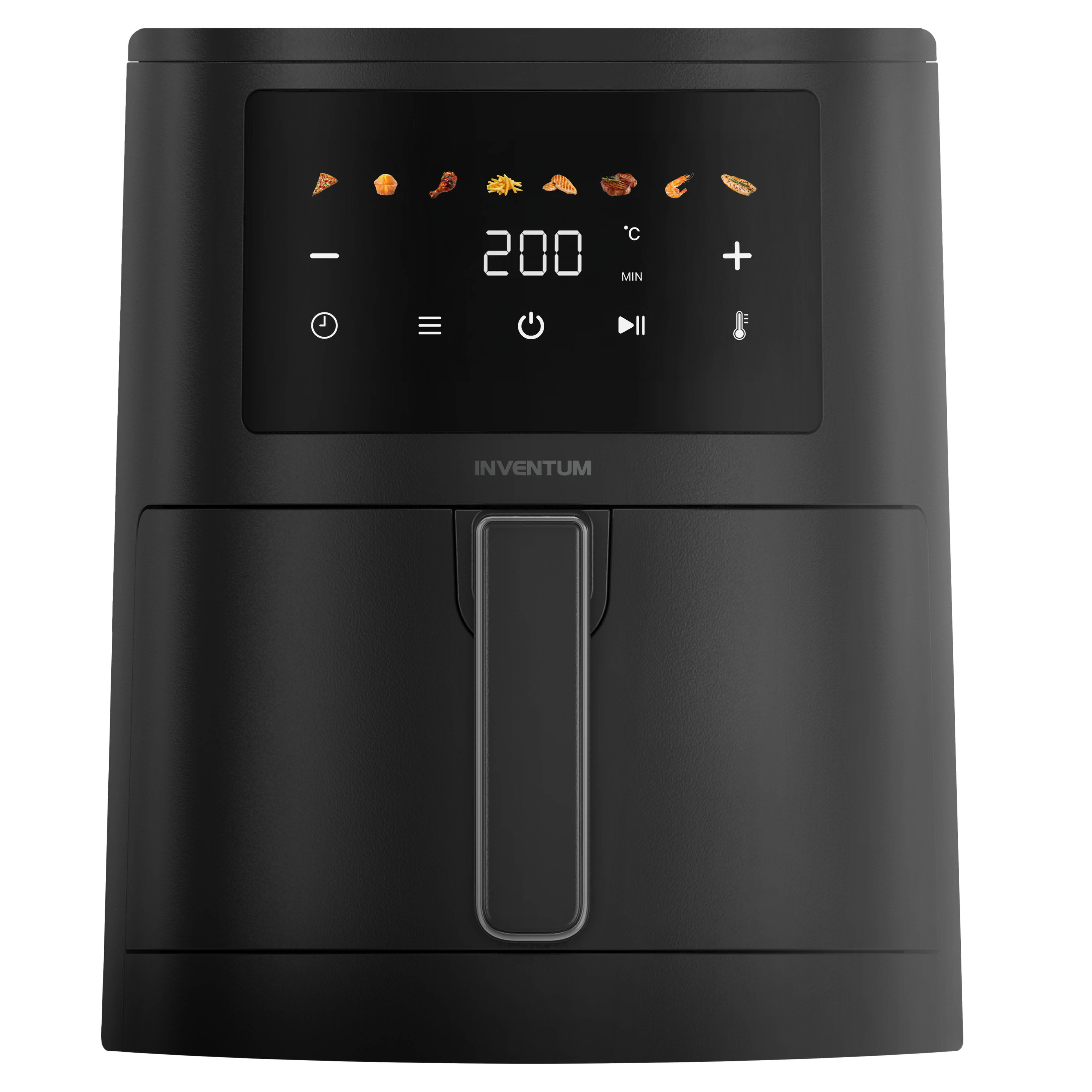 Vooraanzicht van een zwarte airfryer met een digitaal display dat instellingen en temperatuur toont.
