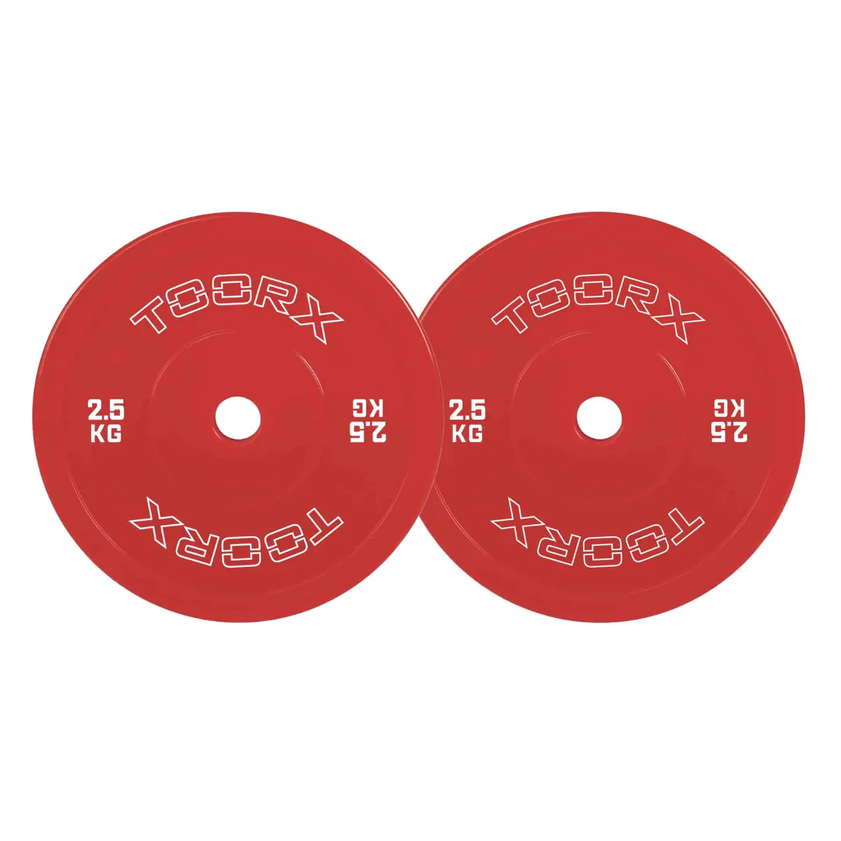 Deux disques de poids rouges, chacun avec 'TOORX' et '2.5 KG' imprimés en blanc. Ils sont ronds.
