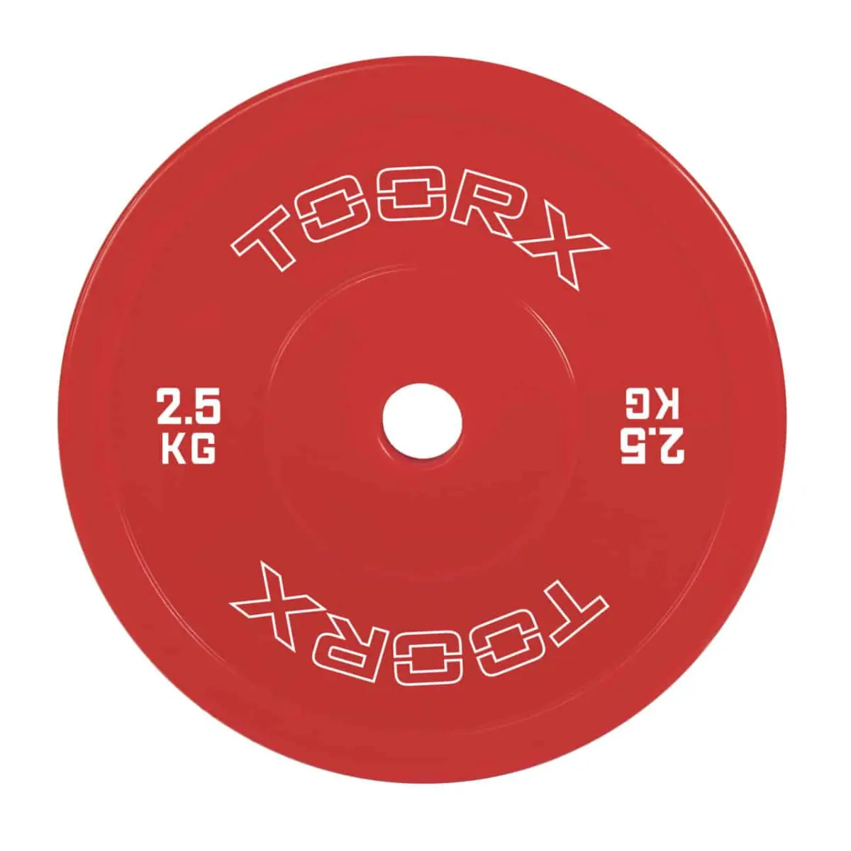 Un disque de poids rouge avec le texte 'TOORX' et '2.5 KG' en blanc. Il est rond.