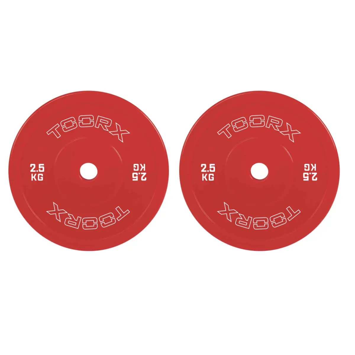 Deux disques de poids rouges avec le texte 'TOORX' et '2.5 KG' en blanc. Ils sont ronds.