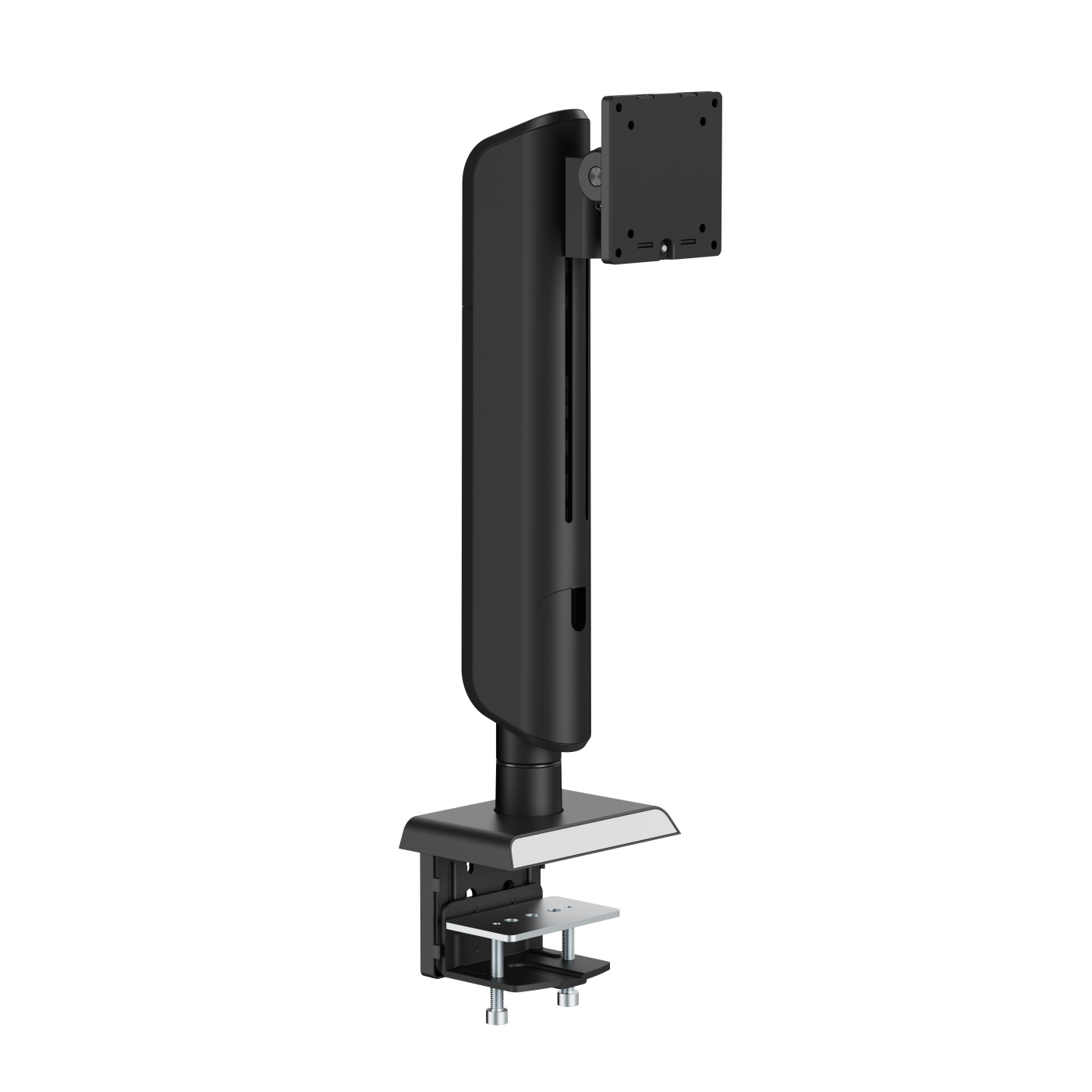 Een zwarte monitorstandaard met een monitor erop gemonteerd en een klem aan de onderkant.