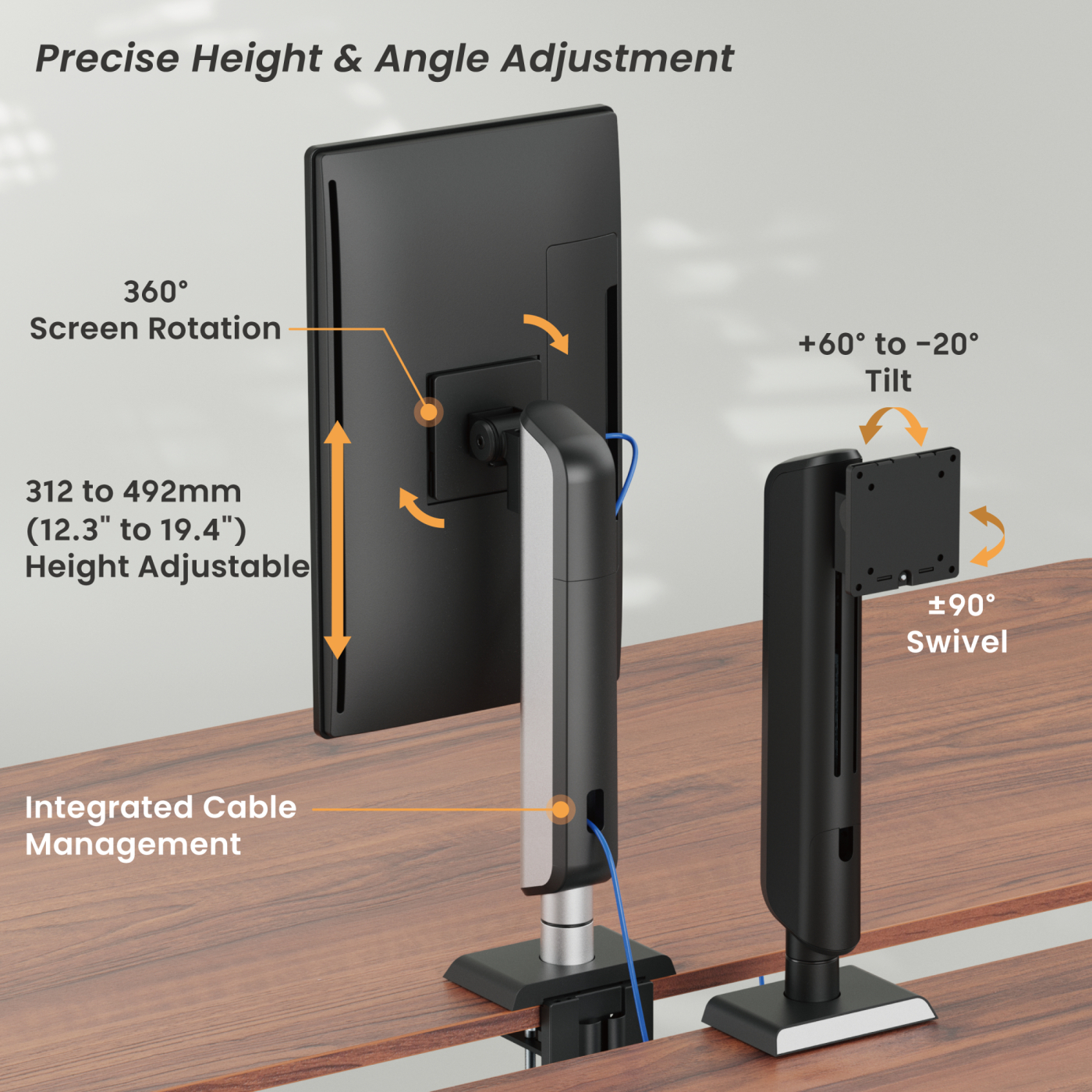Twee monitorarmen op een houten bureau. De armen hebben verstelbare onderdelen en kabelmanagement. Het scherm is zwart.